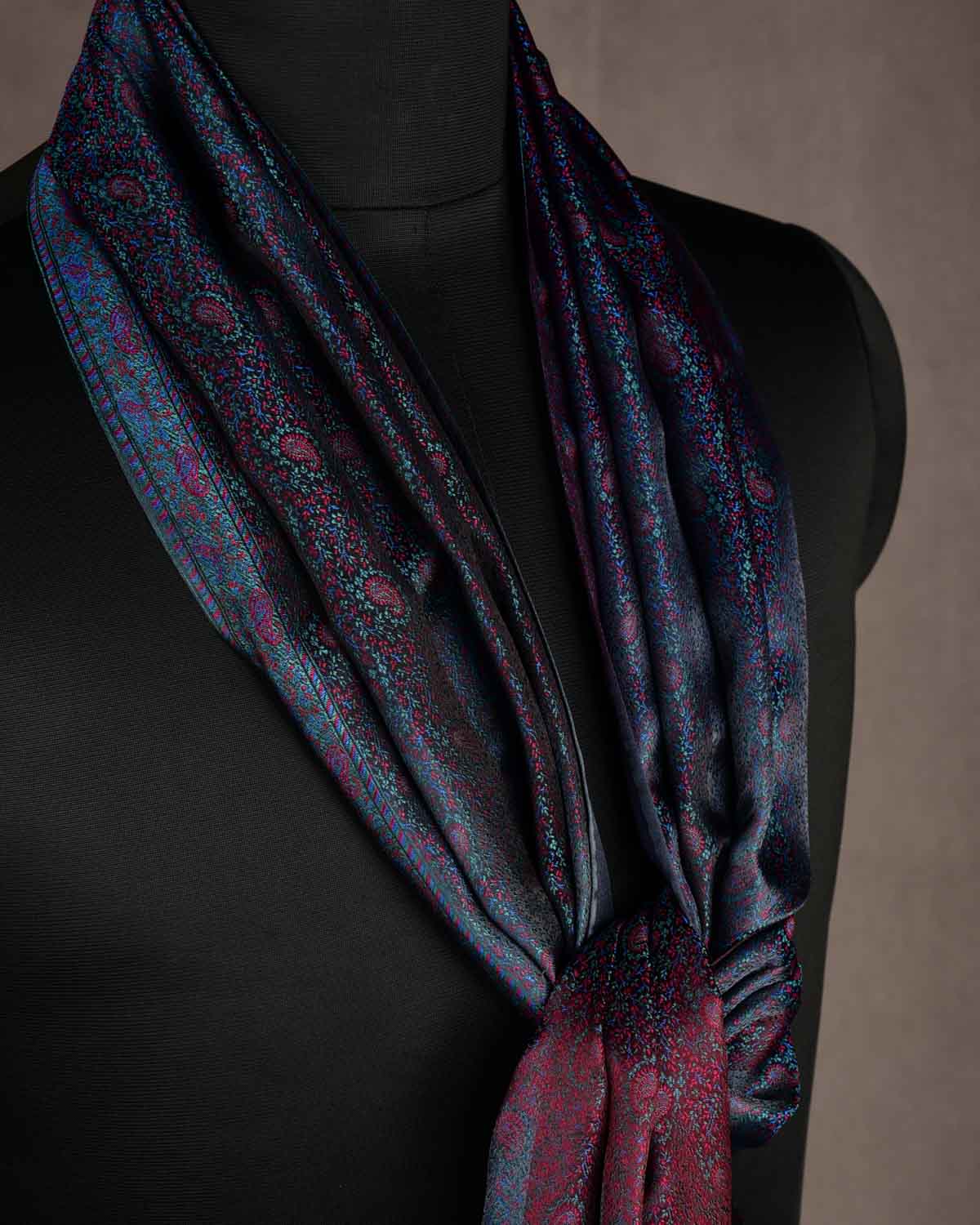 Multi-color Tehra Paisley Satin Jamawar Handwoven Silk Unisex Scarf 80"x22"-HolyWeaves