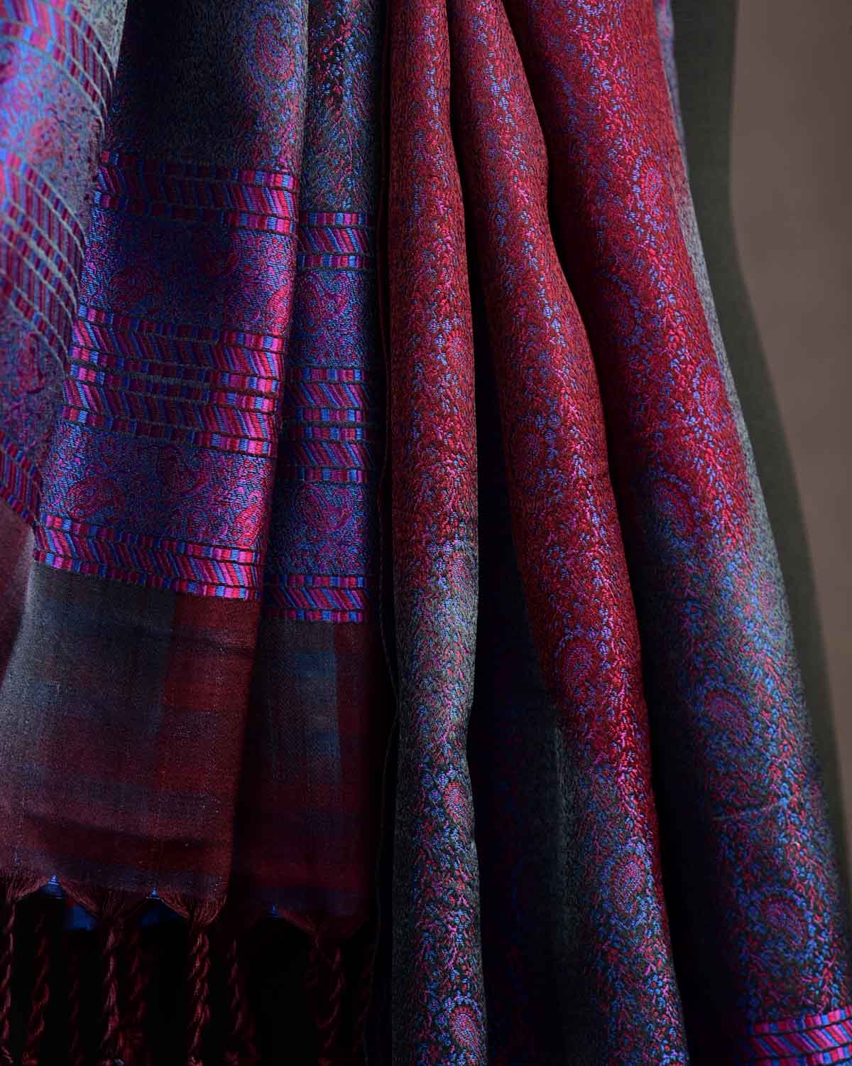 Multi-color Tehra Paisley Satin Jamawar Handwoven Silk Unisex Scarf 80"x22"-HolyWeaves