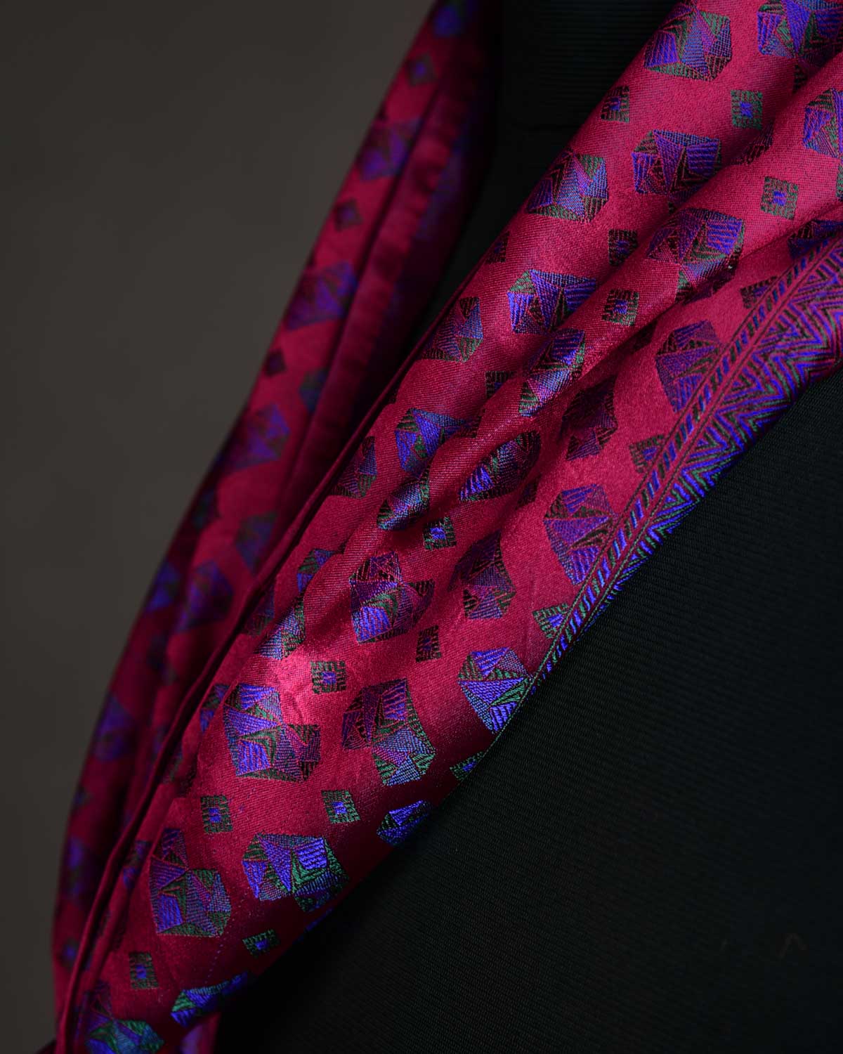 Maroon Diamond Hearts Satin Jamawar Handwoven Silk Unisex Scarf 80"x22"-HolyWeaves