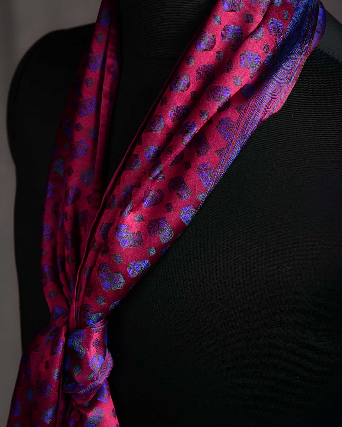 Maroon Diamond Hearts Satin Jamawar Handwoven Silk Unisex Scarf 80"x22"-HolyWeaves