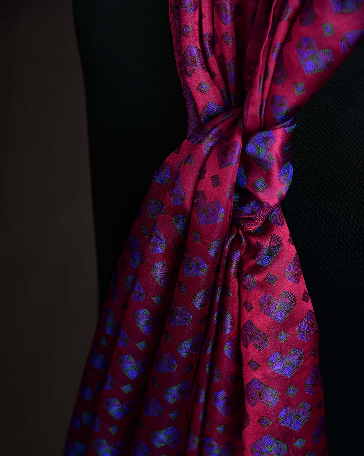 Maroon Diamond Hearts Satin Jamawar Handwoven Silk Unisex Scarf 80"x22"-HolyWeaves