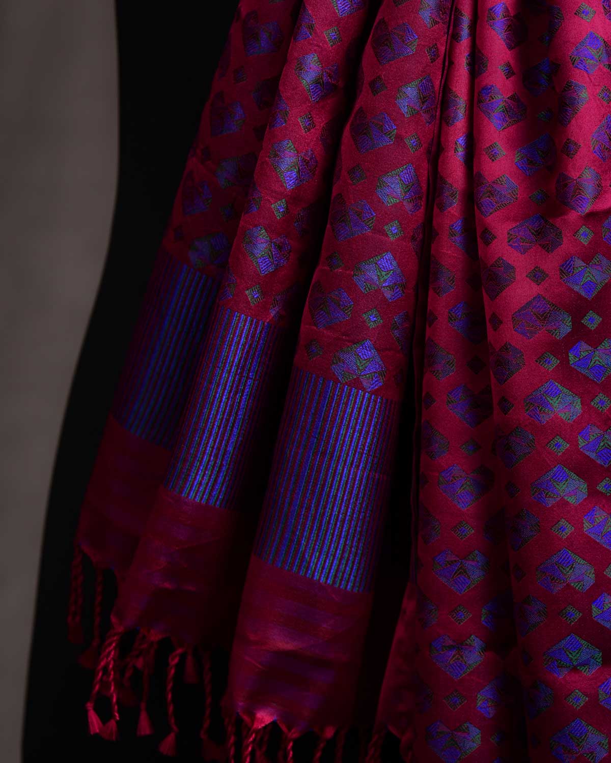 Maroon Diamond Hearts Satin Jamawar Handwoven Silk Unisex Scarf 80"x22"-HolyWeaves