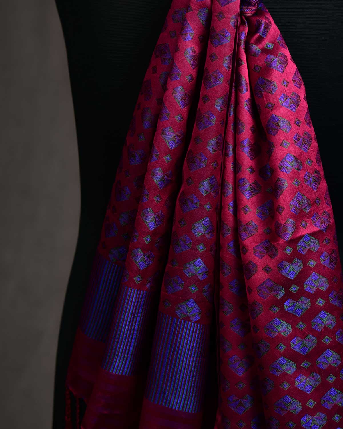 Maroon Diamond Hearts Satin Jamawar Handwoven Silk Unisex Scarf 80"x22"-HolyWeaves