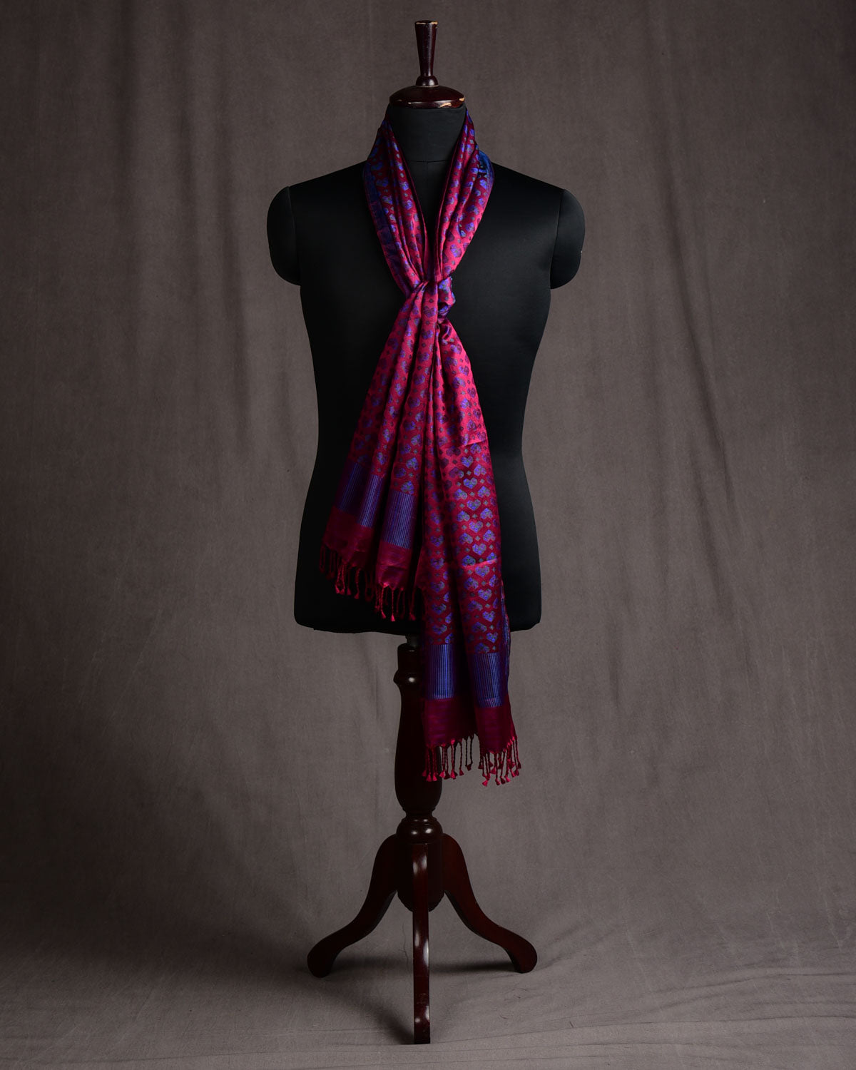 Maroon Diamond Hearts Satin Jamawar Handwoven Silk Unisex Scarf 80"x22"-HolyWeaves