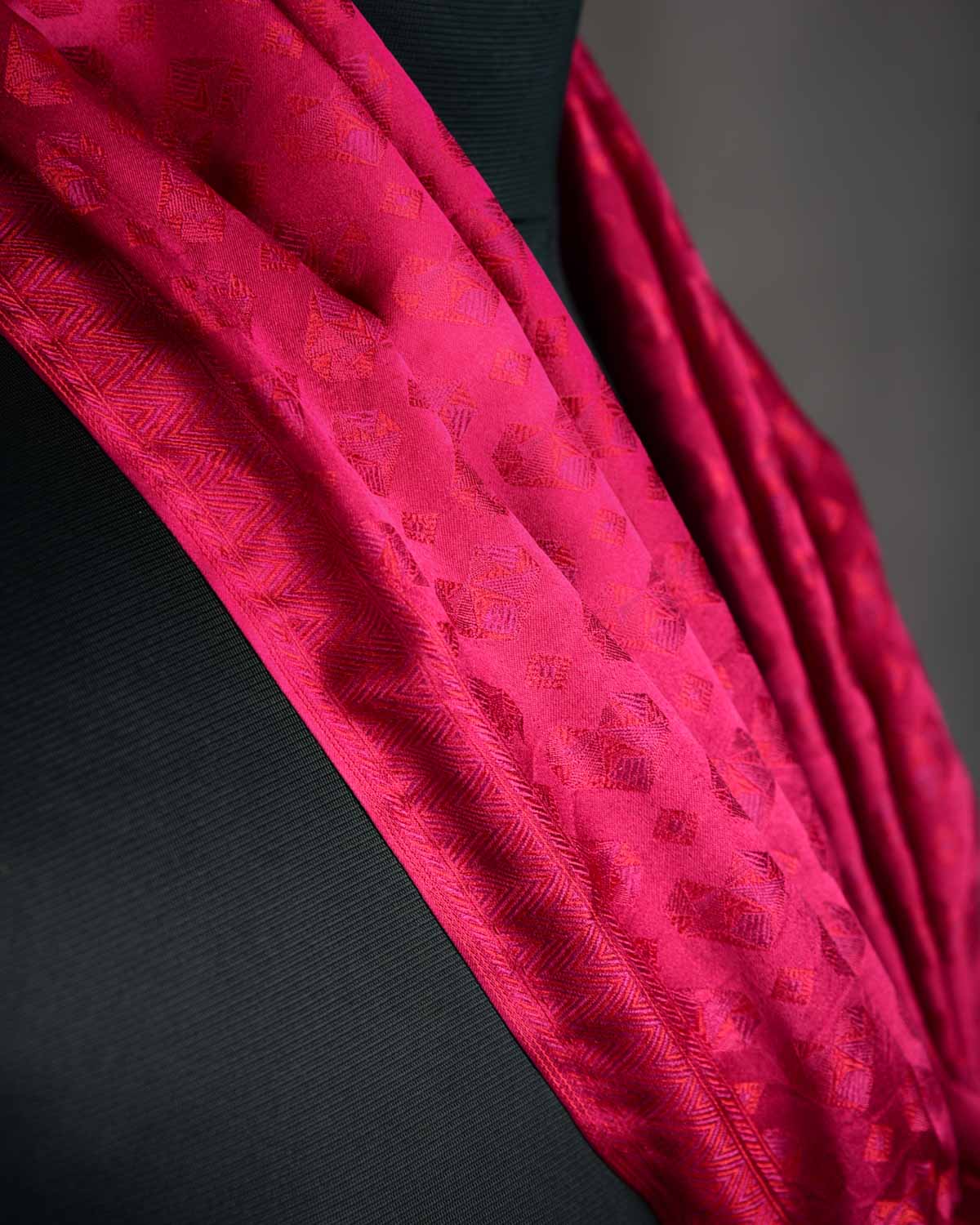 Maroon Diamond Hearts Satin Jamawar Handwoven Silk Unisex Scarf 80"x22"-HolyWeaves