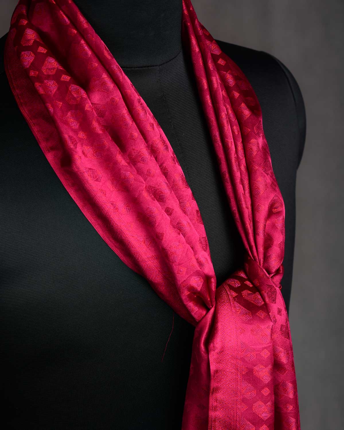Maroon Diamond Hearts Satin Jamawar Handwoven Silk Unisex Scarf 80"x22"-HolyWeaves
