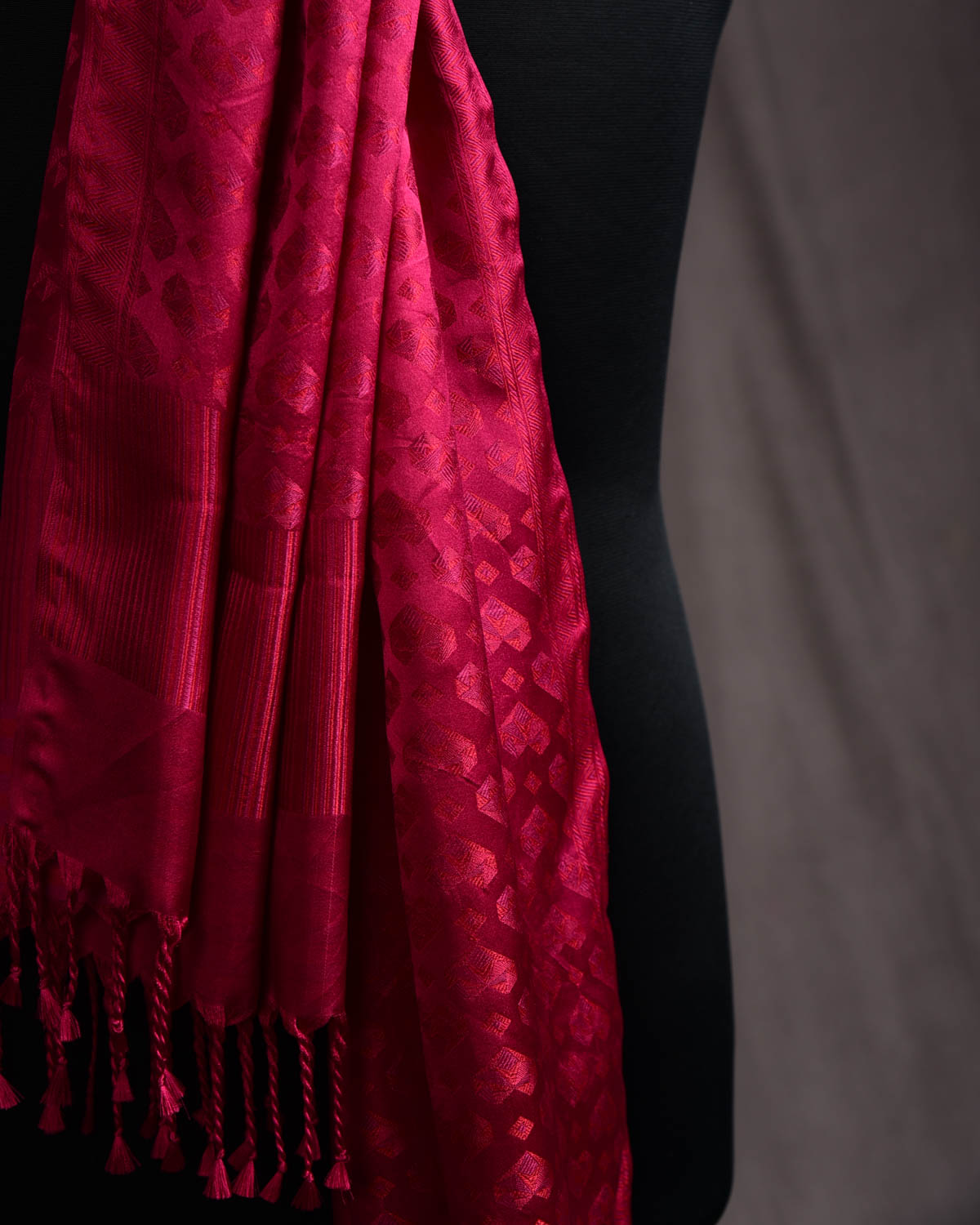 Maroon Diamond Hearts Satin Jamawar Handwoven Silk Unisex Scarf 80"x22"-HolyWeaves