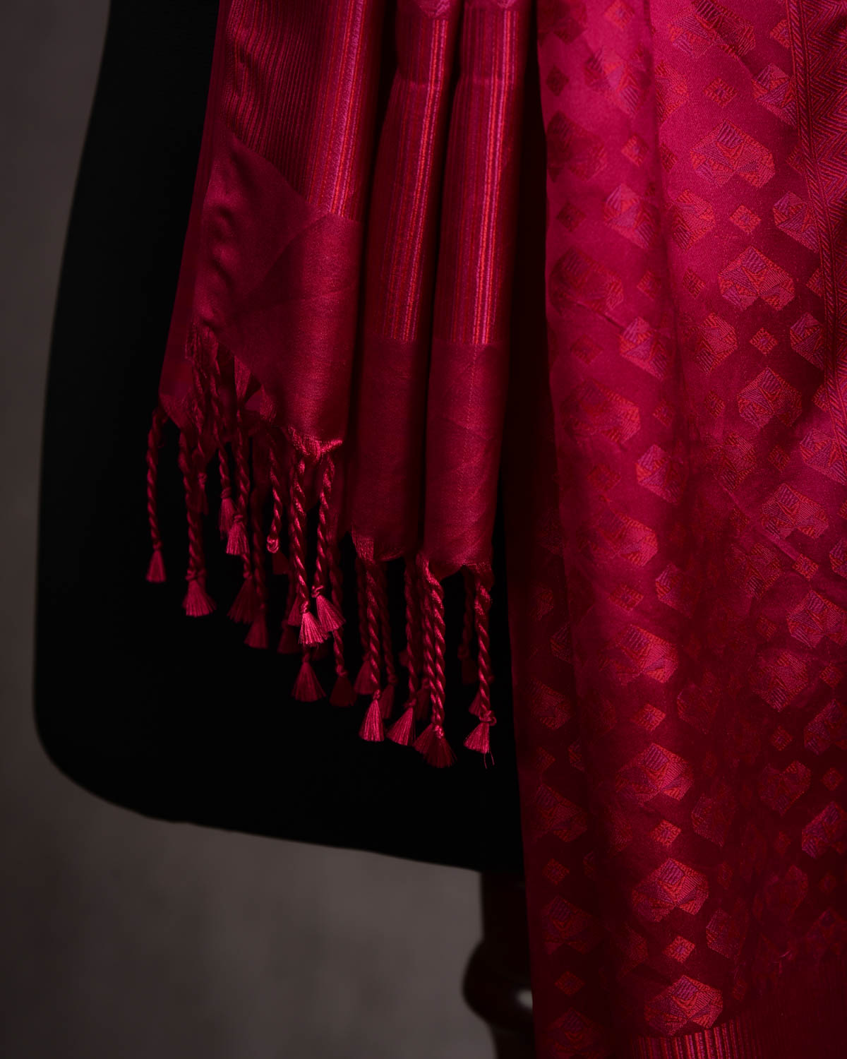 Maroon Diamond Hearts Satin Jamawar Handwoven Silk Unisex Scarf 80"x22"-HolyWeaves