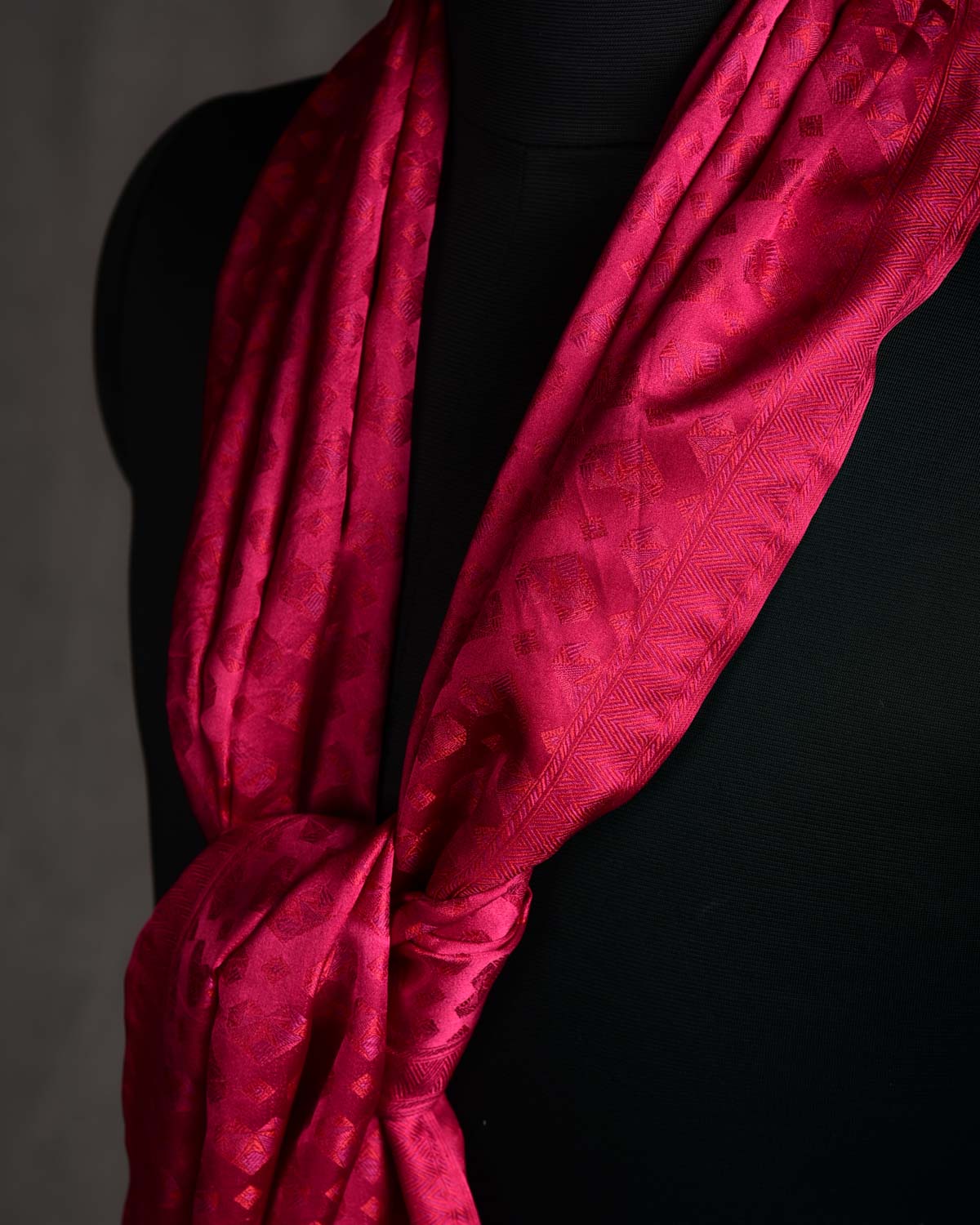 Maroon Diamond Hearts Satin Jamawar Handwoven Silk Unisex Scarf 80"x22"-HolyWeaves