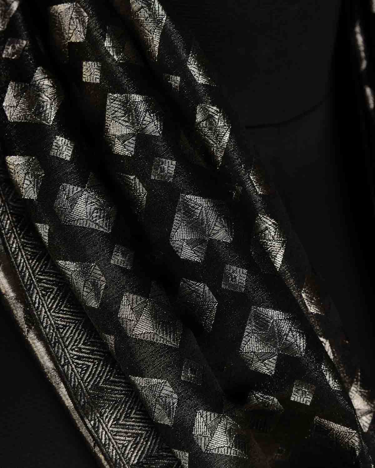 Metallic Black Silver Diamond Hearts Satin Tanchoi Handwoven Silk Unisex Scarf 80"x22"-HolyWeaves