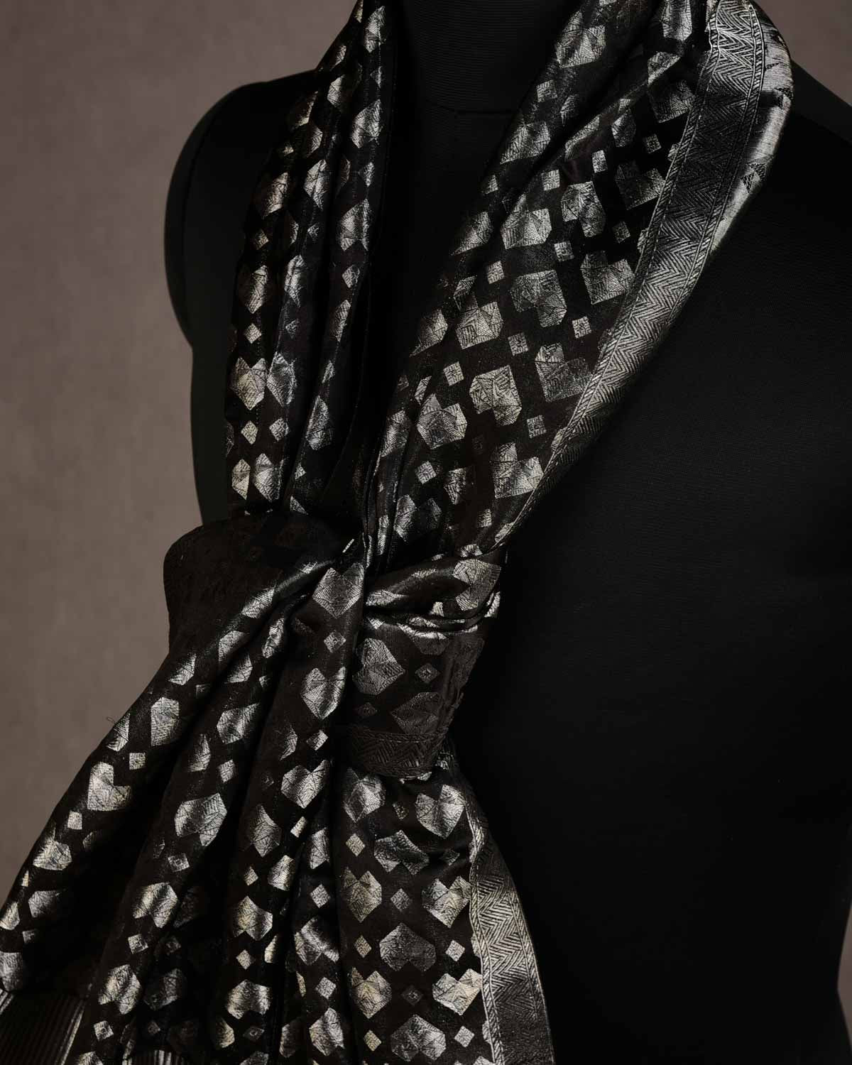 Metallic Black Silver Diamond Hearts Satin Tanchoi Handwoven Silk Unisex Scarf 80"x22"-HolyWeaves