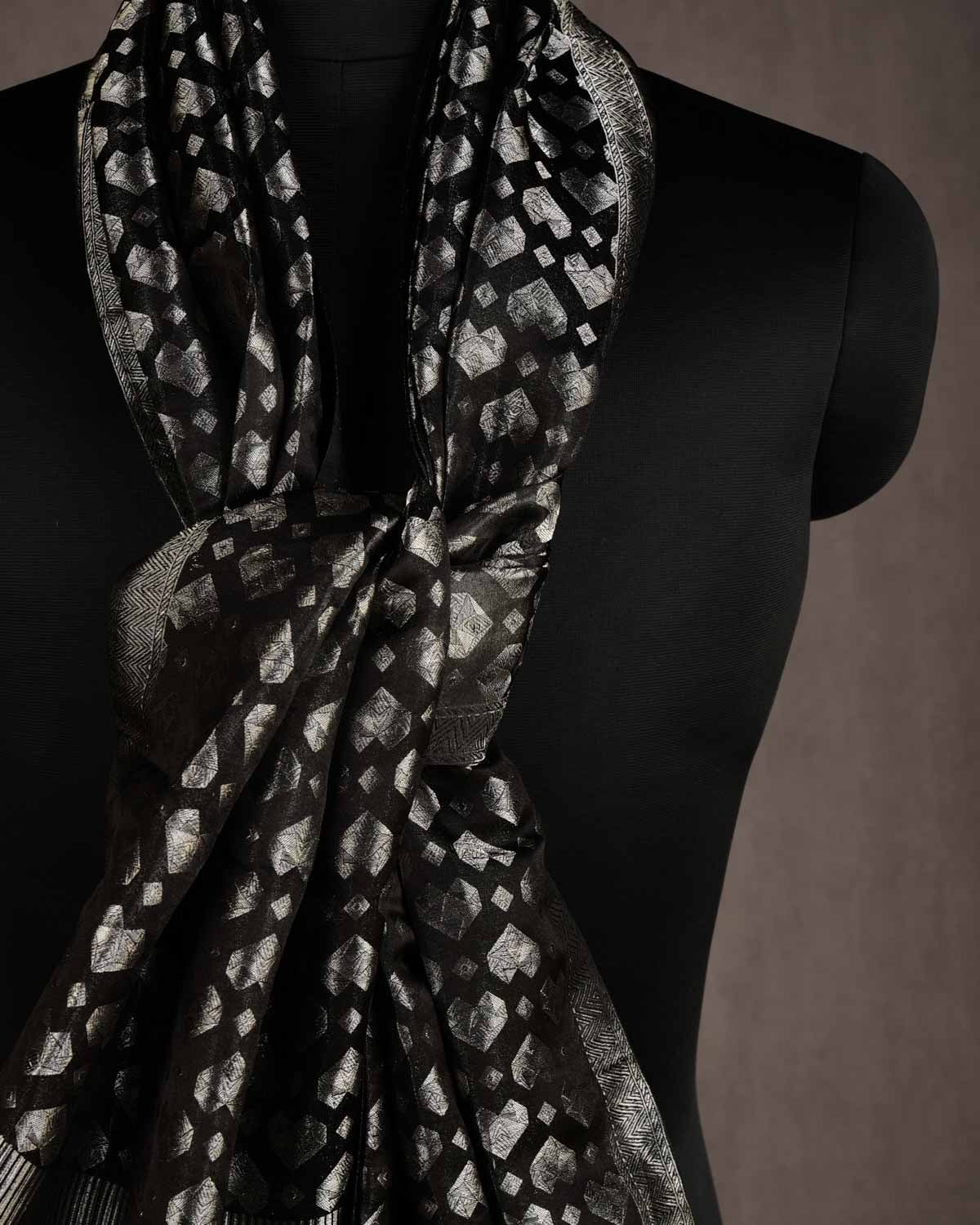 Metallic Black Silver Diamond Hearts Satin Tanchoi Handwoven Silk Unisex Scarf 80"x22"-HolyWeaves