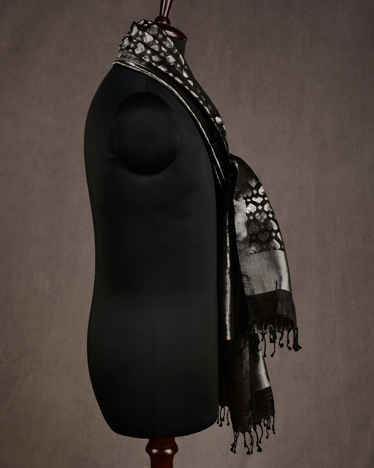 Metallic Black Silver Diamond Hearts Satin Tanchoi Handwoven Silk Unisex Scarf 80"x22"-HolyWeaves