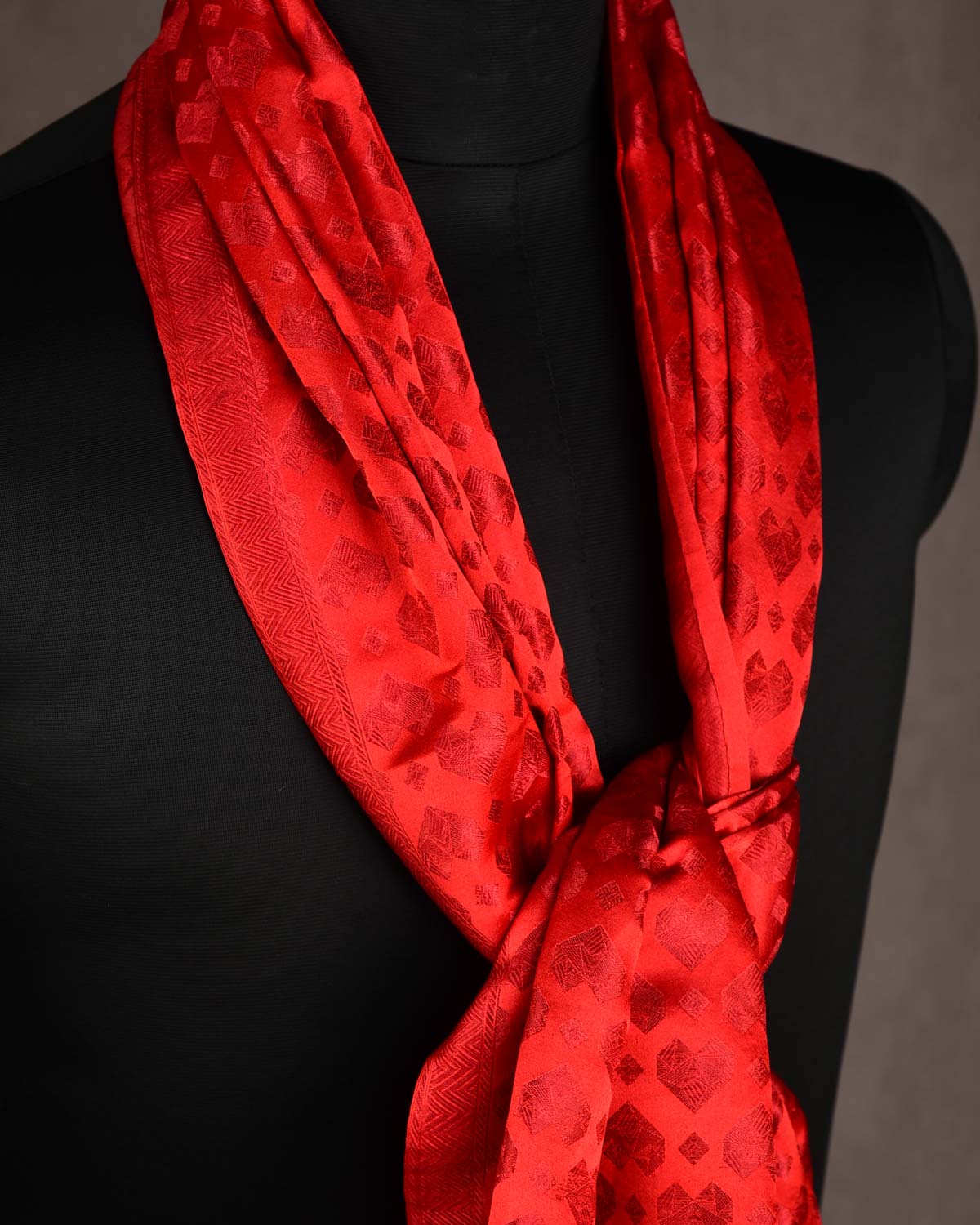 Metallic Red Diamond Hearts Satin Tanchoi Handwoven Silk Unisex Scarf 80"x22"-HolyWeaves