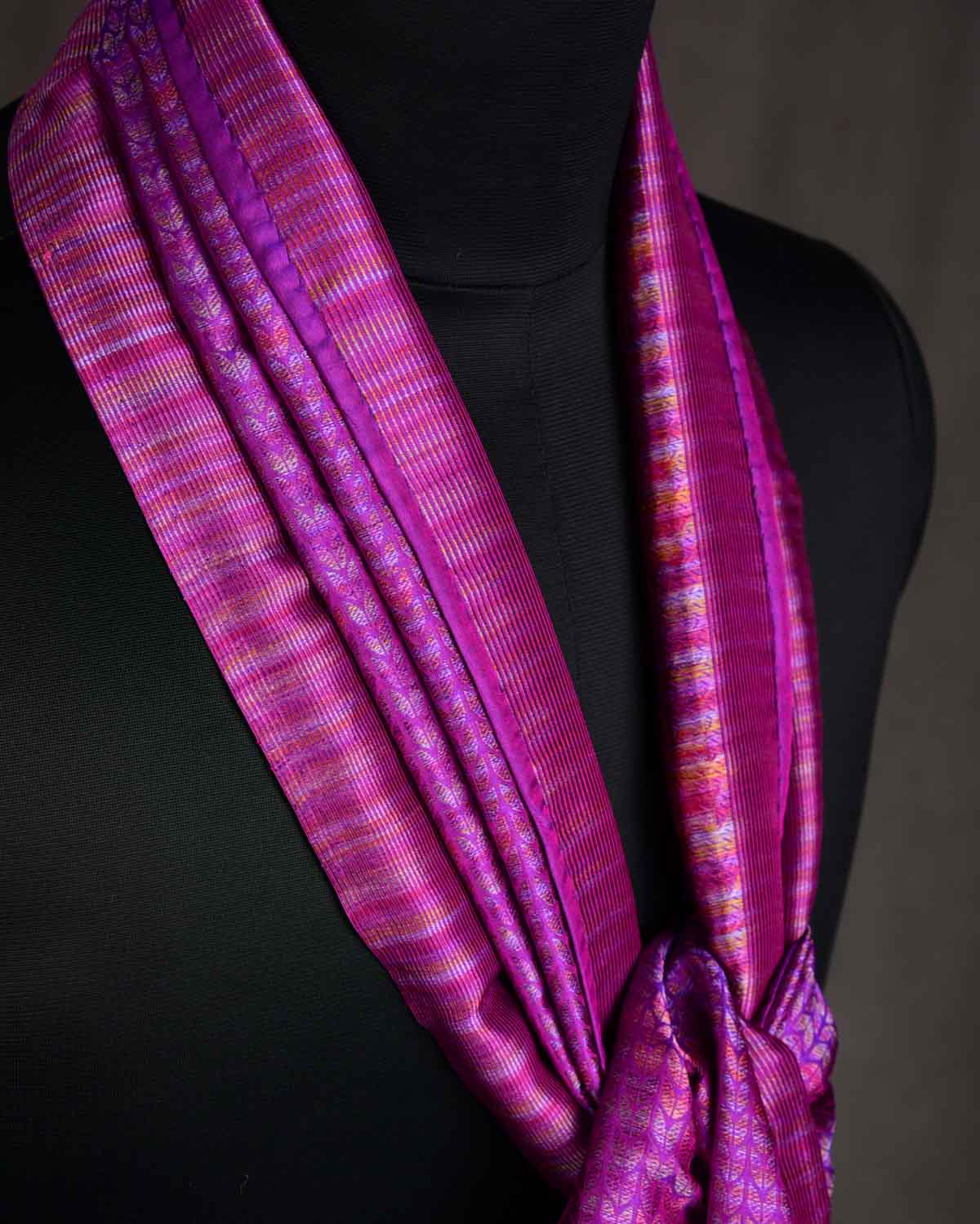 Multi-color Purple Herring Bone Tanchoi Handwoven Silk Unisex Scarf 80"x22"-HolyWeaves