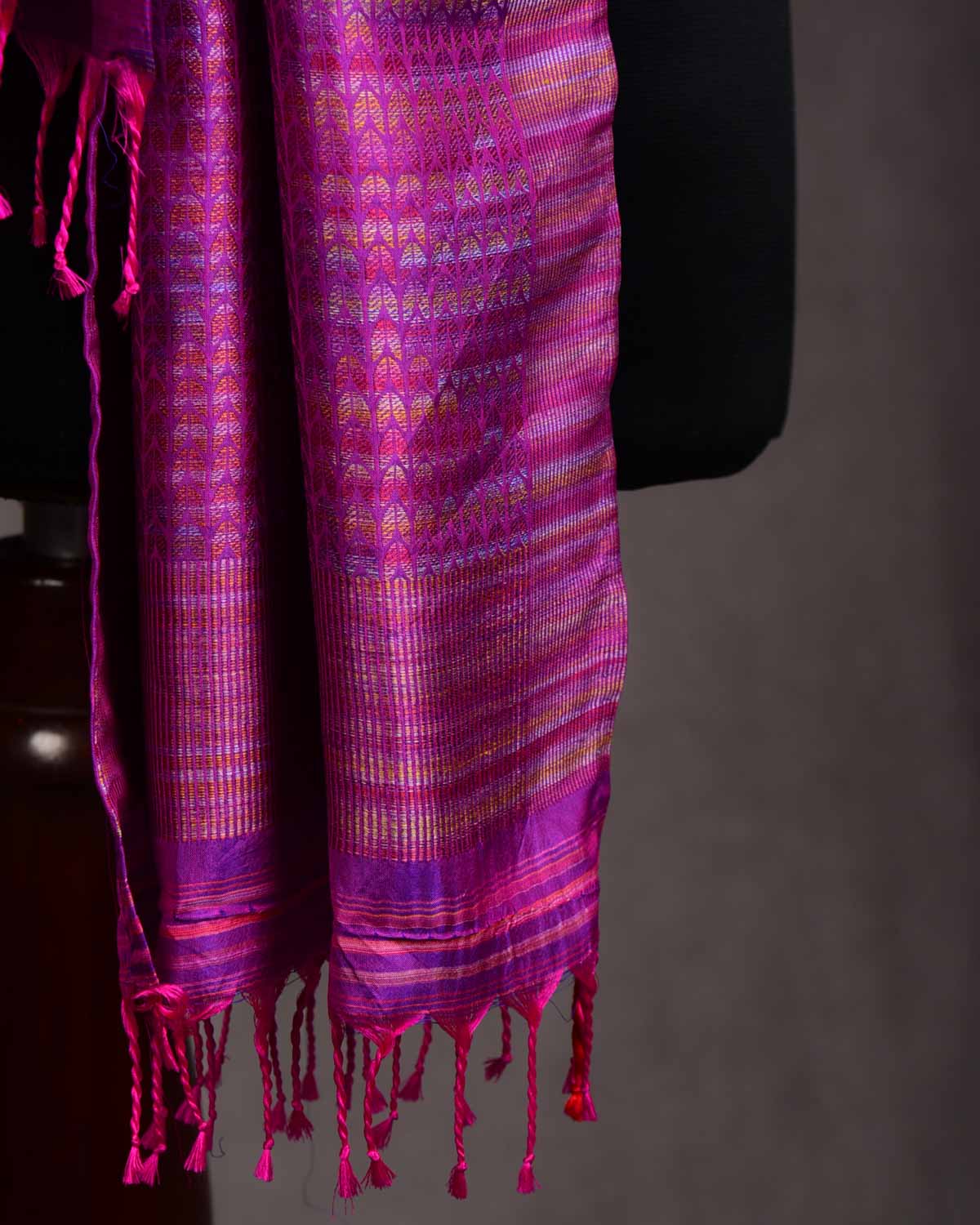 Multi-color Purple Herring Bone Tanchoi Handwoven Silk Unisex Scarf 80"x22"-HolyWeaves