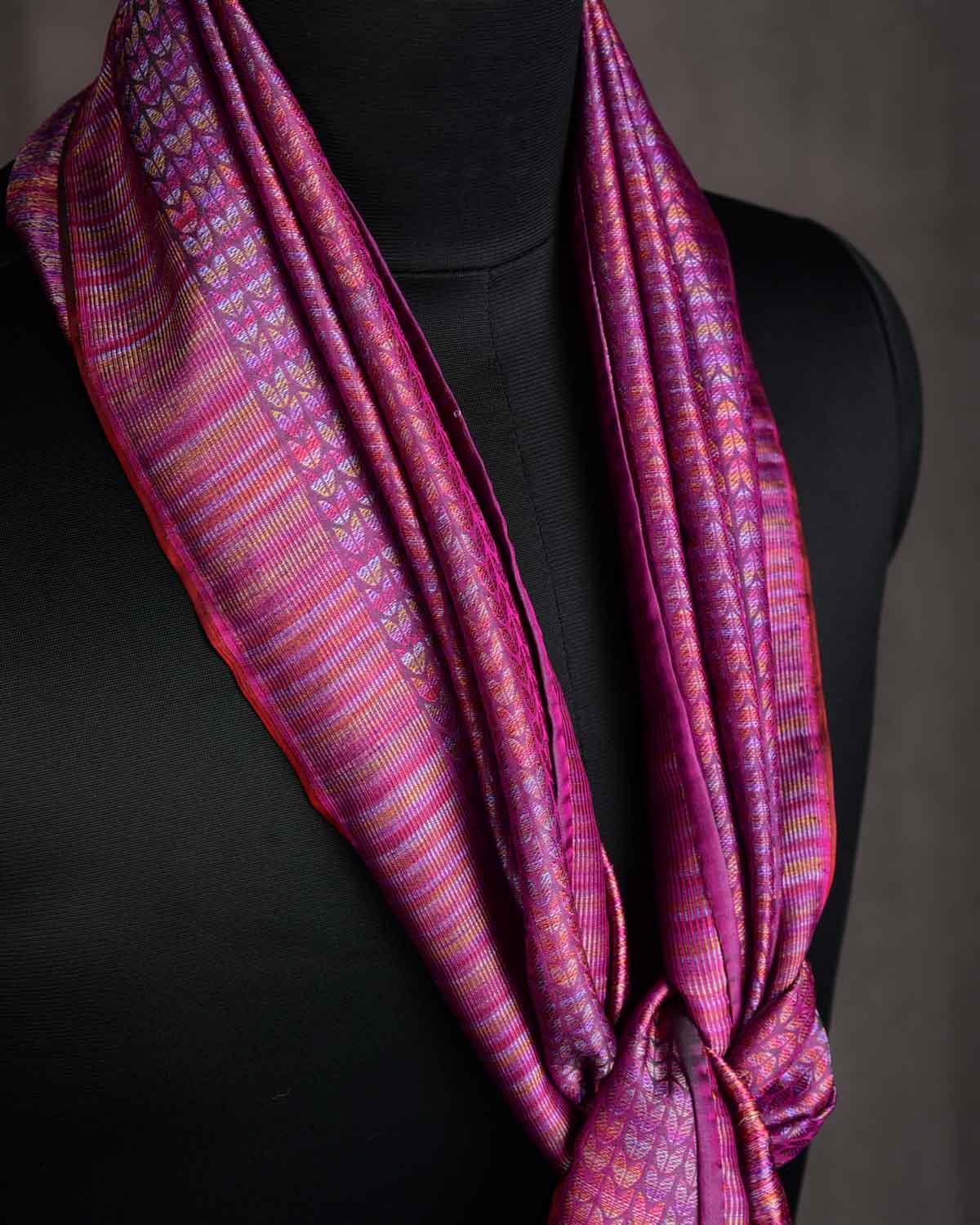 Multi-color Blue Megenta Herring Bone Tanchoi Handwoven Silk Unisex Scarf 80"x22"-HolyWeaves