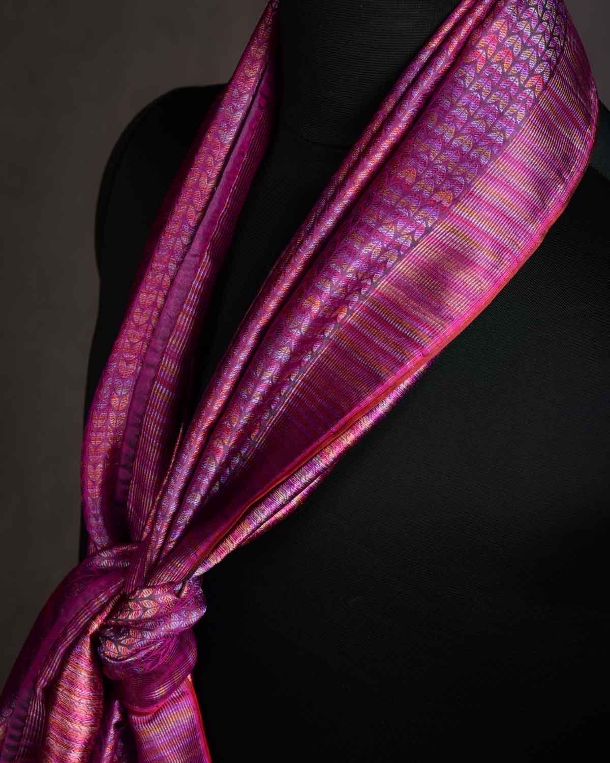 Multi-color Blue Megenta Herring Bone Tanchoi Handwoven Silk Unisex Scarf 80"x22"-HolyWeaves