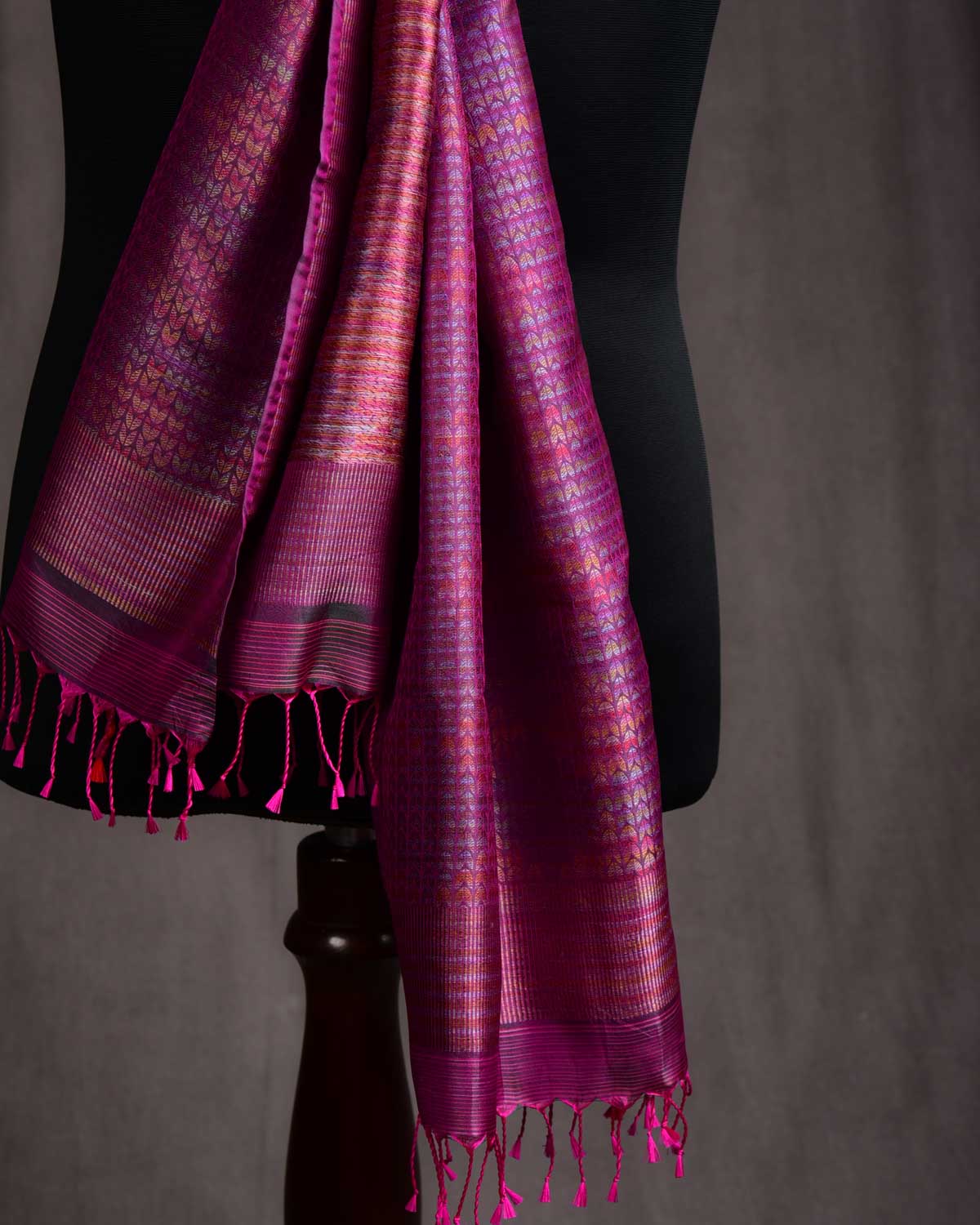 Multi-color Blue Megenta Herring Bone Tanchoi Handwoven Silk Unisex Scarf 80"x22"-HolyWeaves