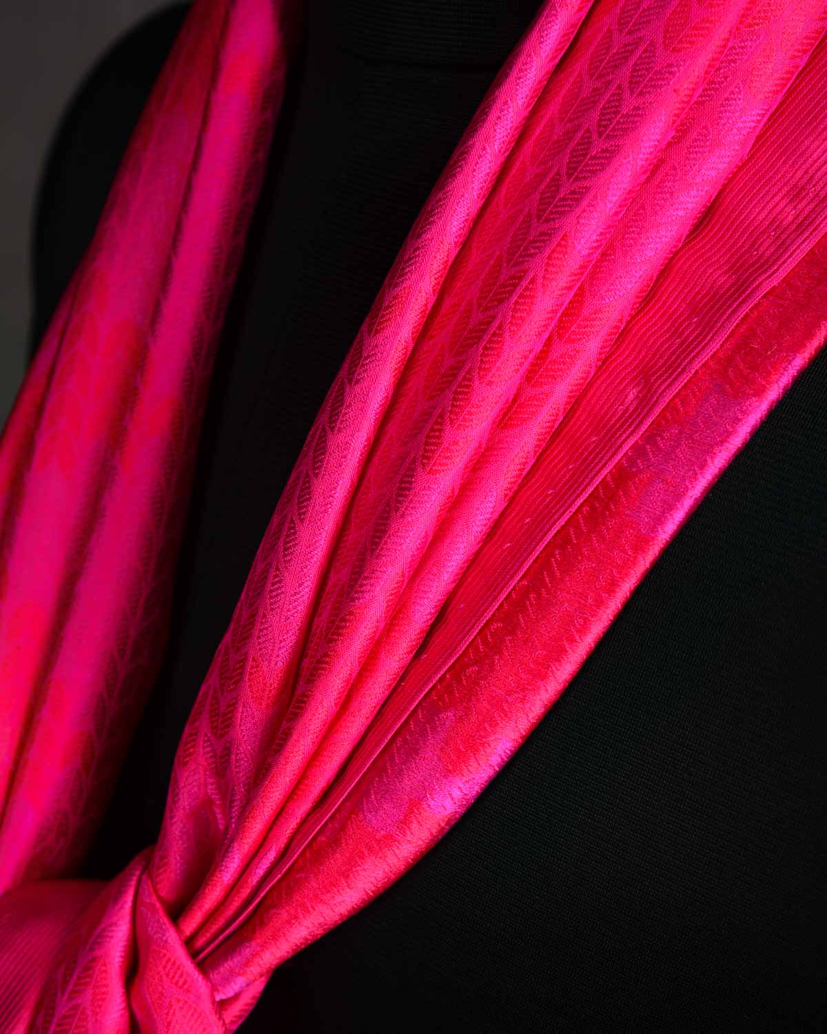 Red & Fuchsia Pink Herring Bone Tanchoi Handwoven Silk Unisex Scarf 80"x22"-HolyWeaves