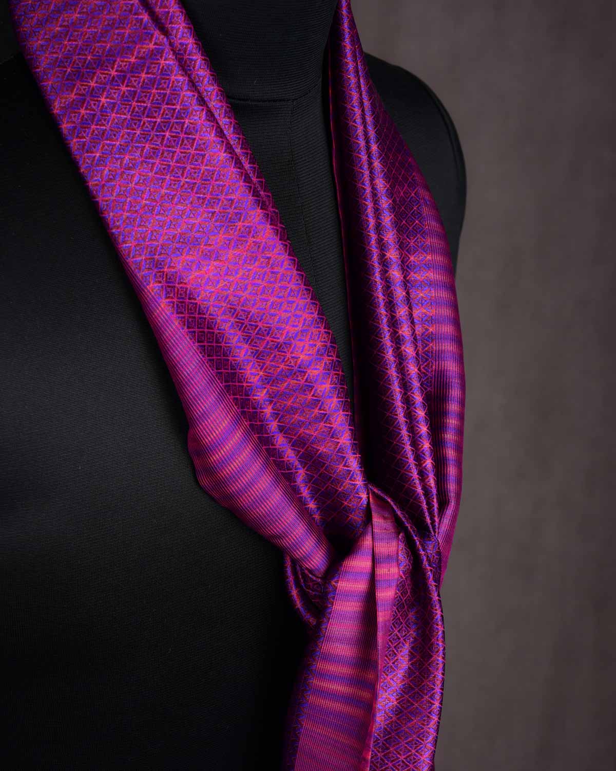 Multi-color Purple Diamonds Tanchoi Handwoven Silk Unisex Scarf 80"x22"-HolyWeaves
