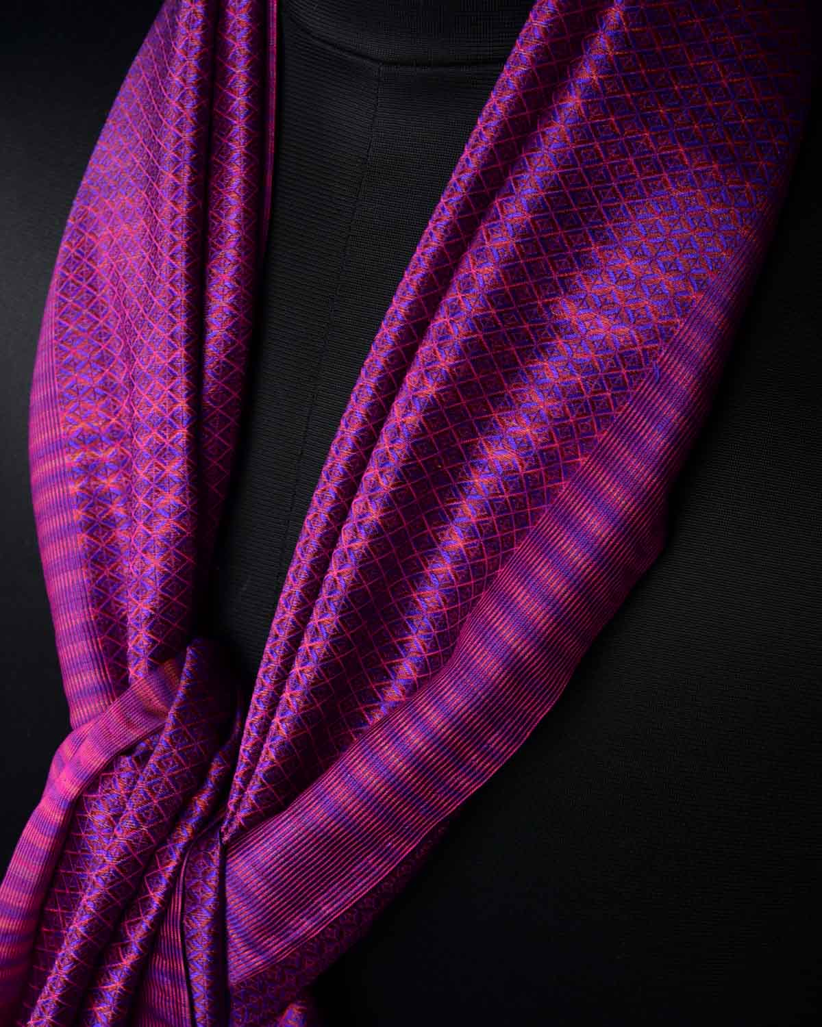 Multi-color Purple Diamonds Tanchoi Handwoven Silk Unisex Scarf 80"x22"-HolyWeaves