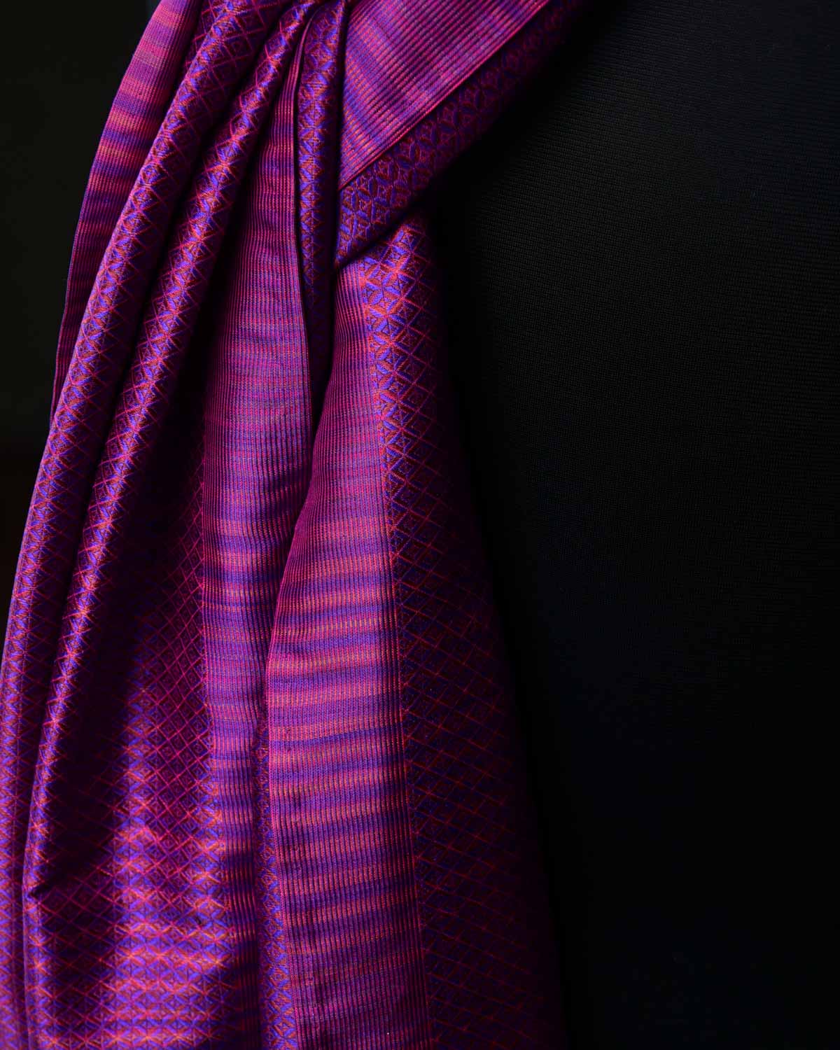 Multi-color Purple Diamonds Tanchoi Handwoven Silk Unisex Scarf 80"x22"-HolyWeaves