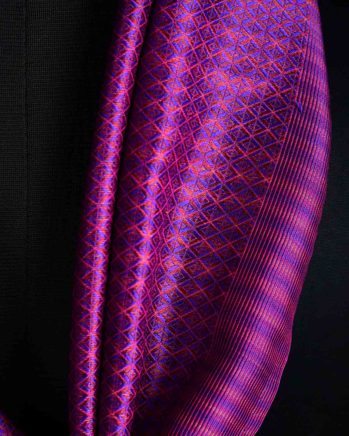 Multi-color Purple Diamonds Tanchoi Handwoven Silk Unisex Scarf 80"x22"-HolyWeaves