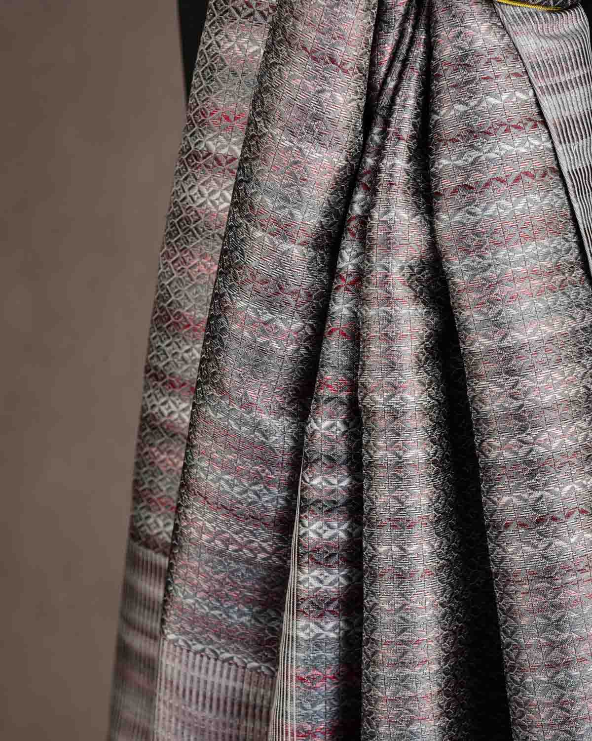 Multi-color Gray Diamonds Tanchoi Handwoven Silk Unisex Scarf 76"x22"-HolyWeaves