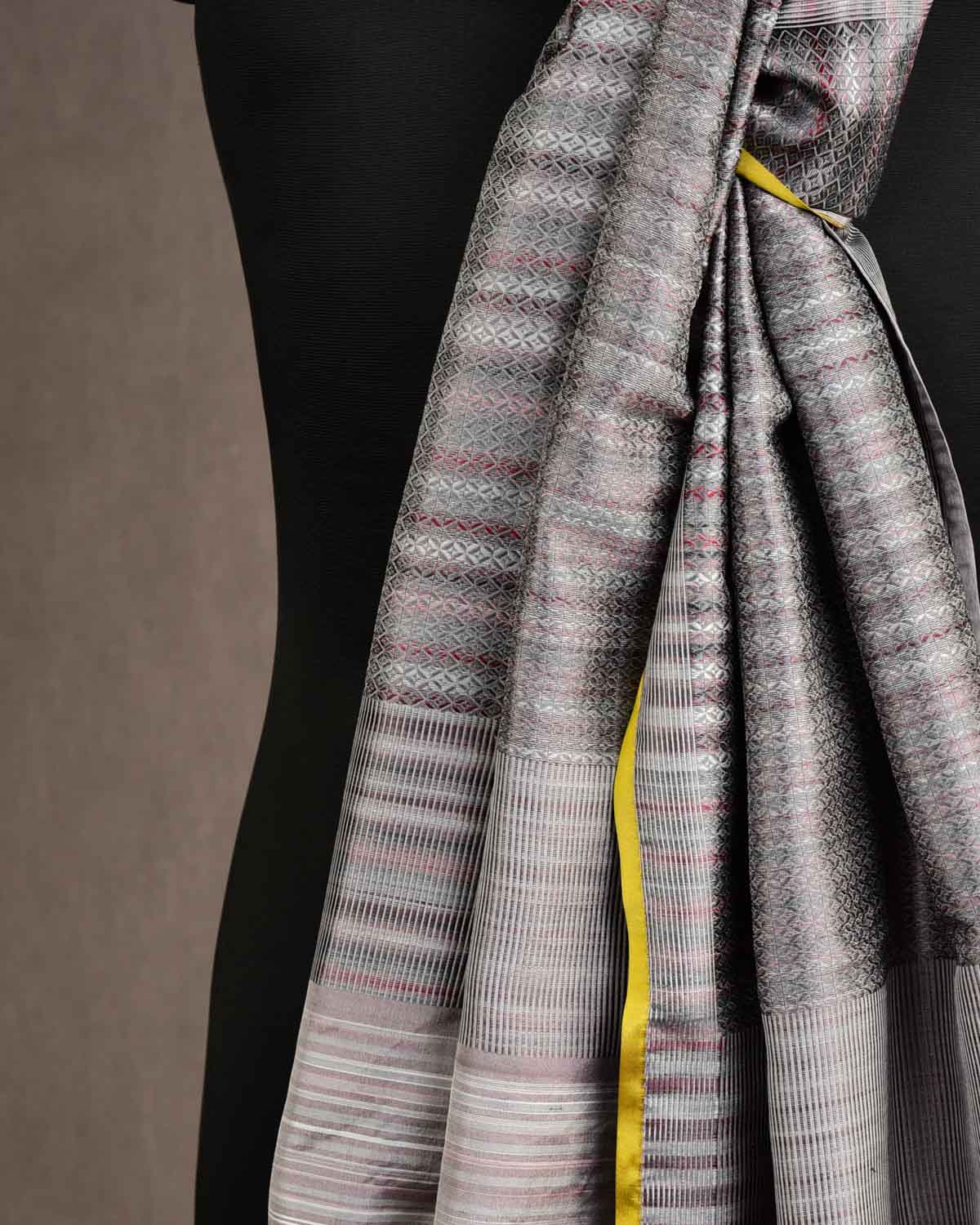 Multi-color Gray Diamonds Tanchoi Handwoven Silk Unisex Scarf 76"x22"-HolyWeaves