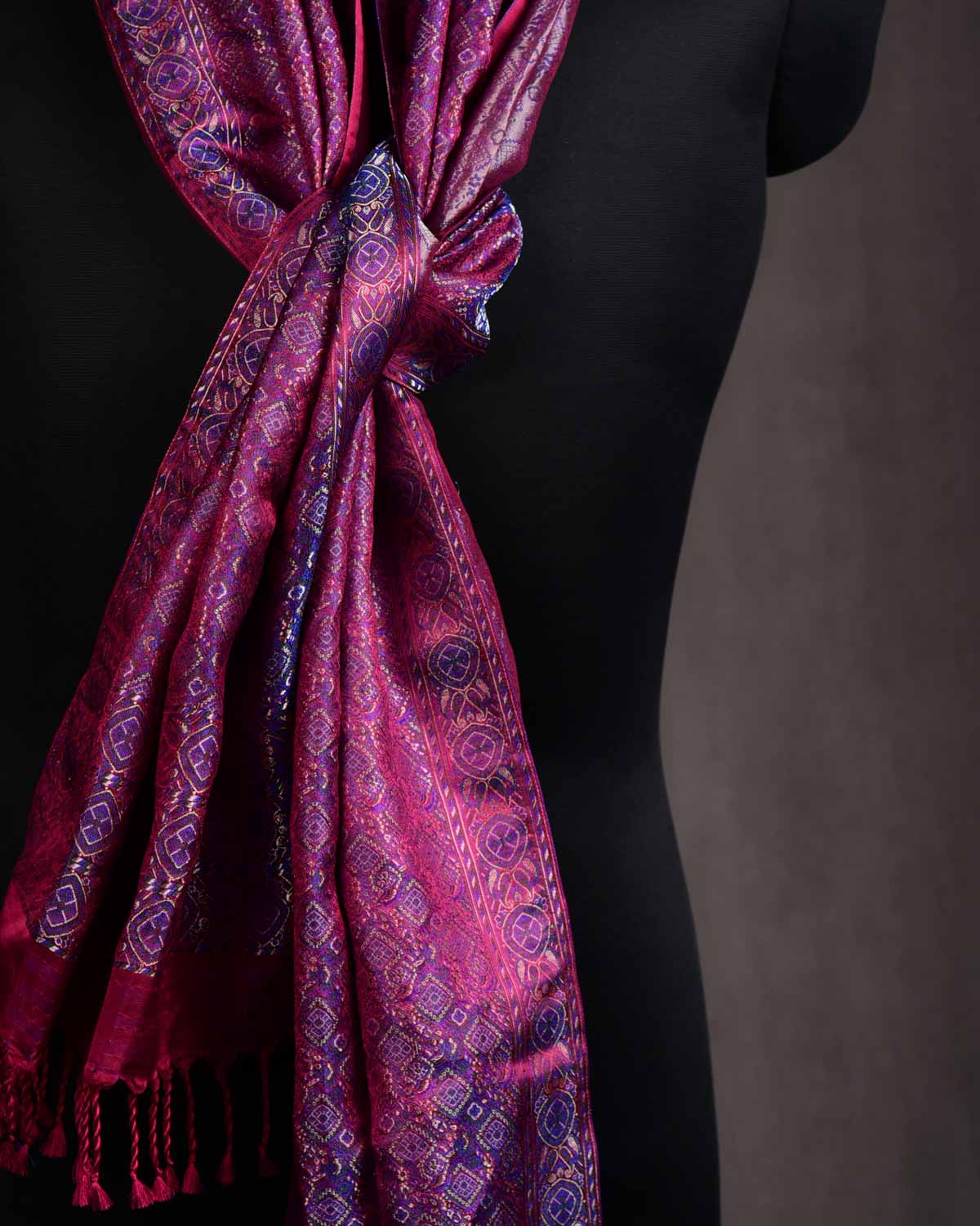 Shot Purple Maroon Ethnic Jamawar Handwoven Silk Unisex Scarf with Metallic Accents 80"x22"-HolyWeaves