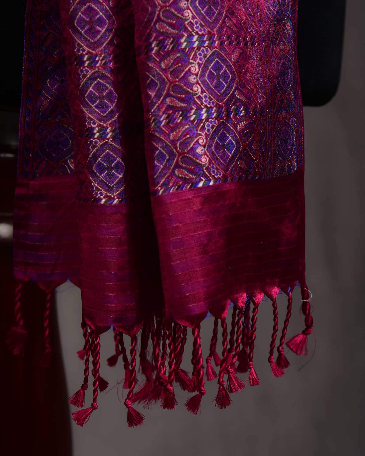 Shot Purple Maroon Ethnic Jamawar Handwoven Silk Unisex Scarf with Metallic Accents 80"x22"-HolyWeaves