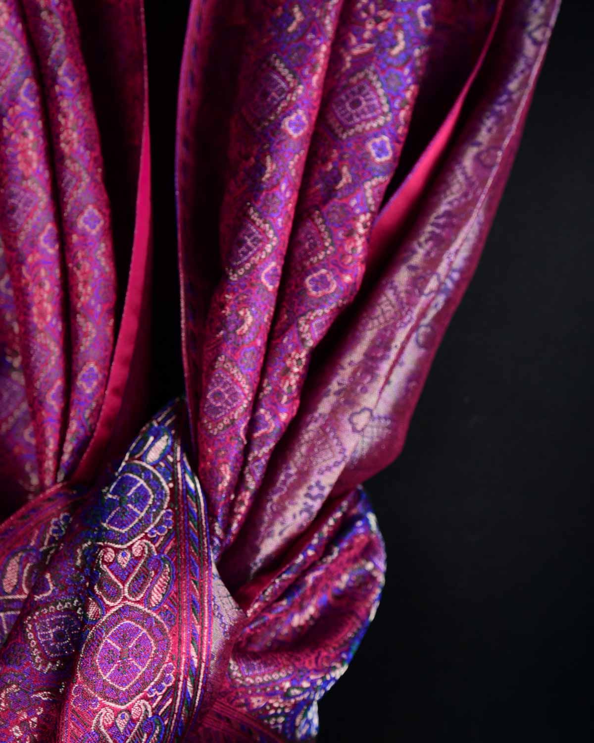 Shot Purple Maroon Ethnic Jamawar Handwoven Silk Unisex Scarf with Metallic Accents 80"x22"-HolyWeaves