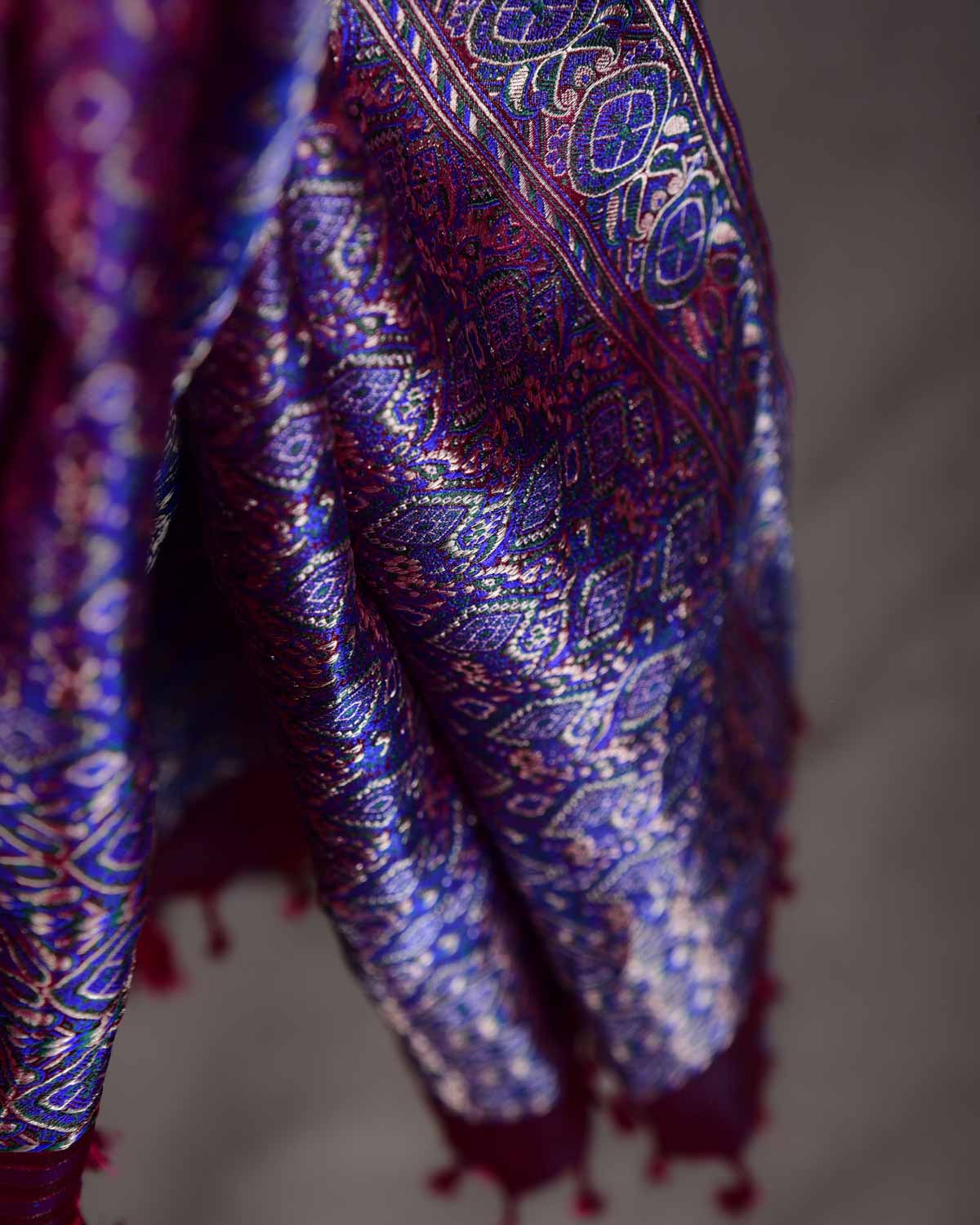 Shot Purple Maroon Ethnic Jamawar Handwoven Silk Unisex Scarf with Metallic Accents 80"x22"-HolyWeaves