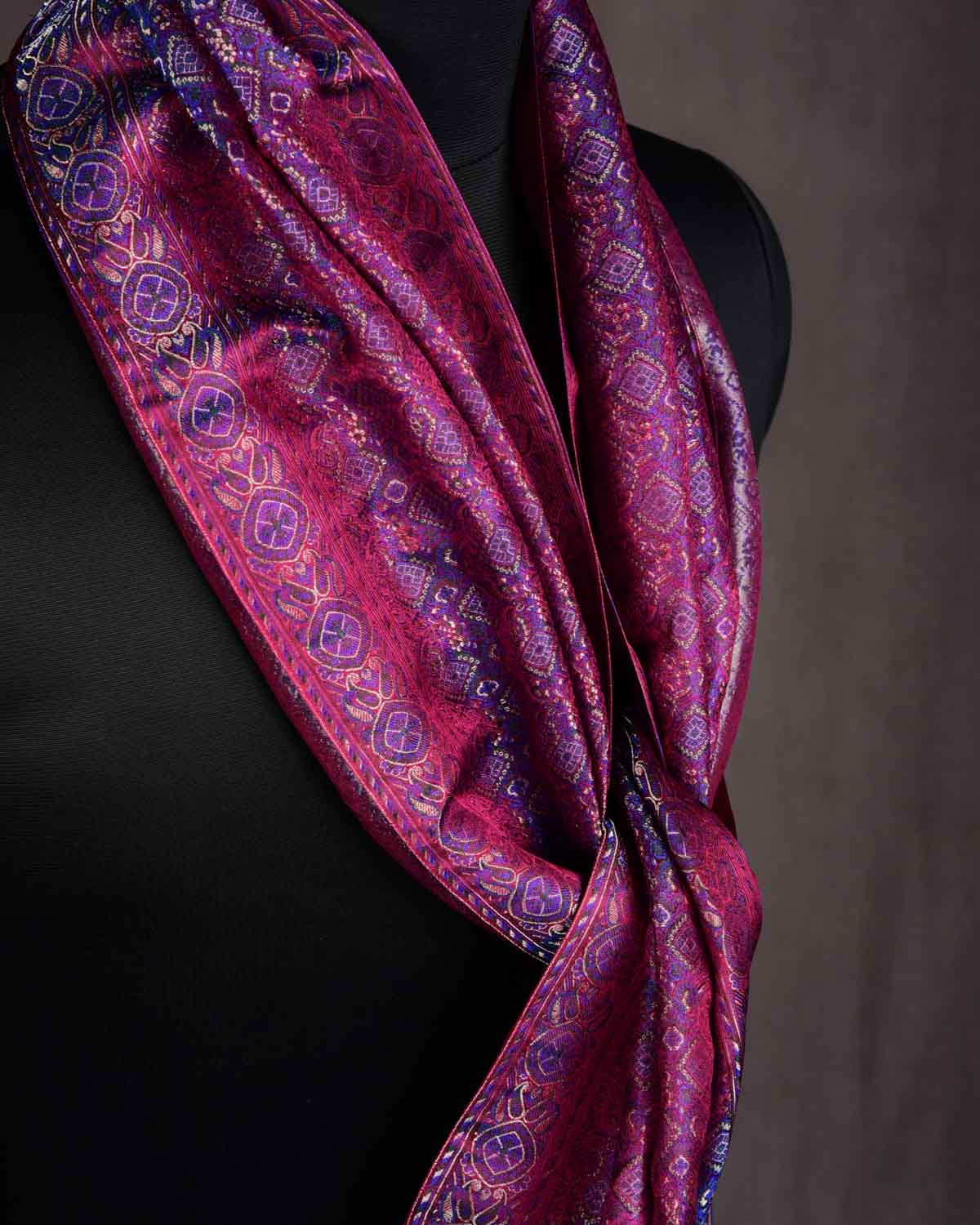 Shot Purple Maroon Ethnic Jamawar Handwoven Silk Unisex Scarf with Metallic Accents 80"x22"-HolyWeaves