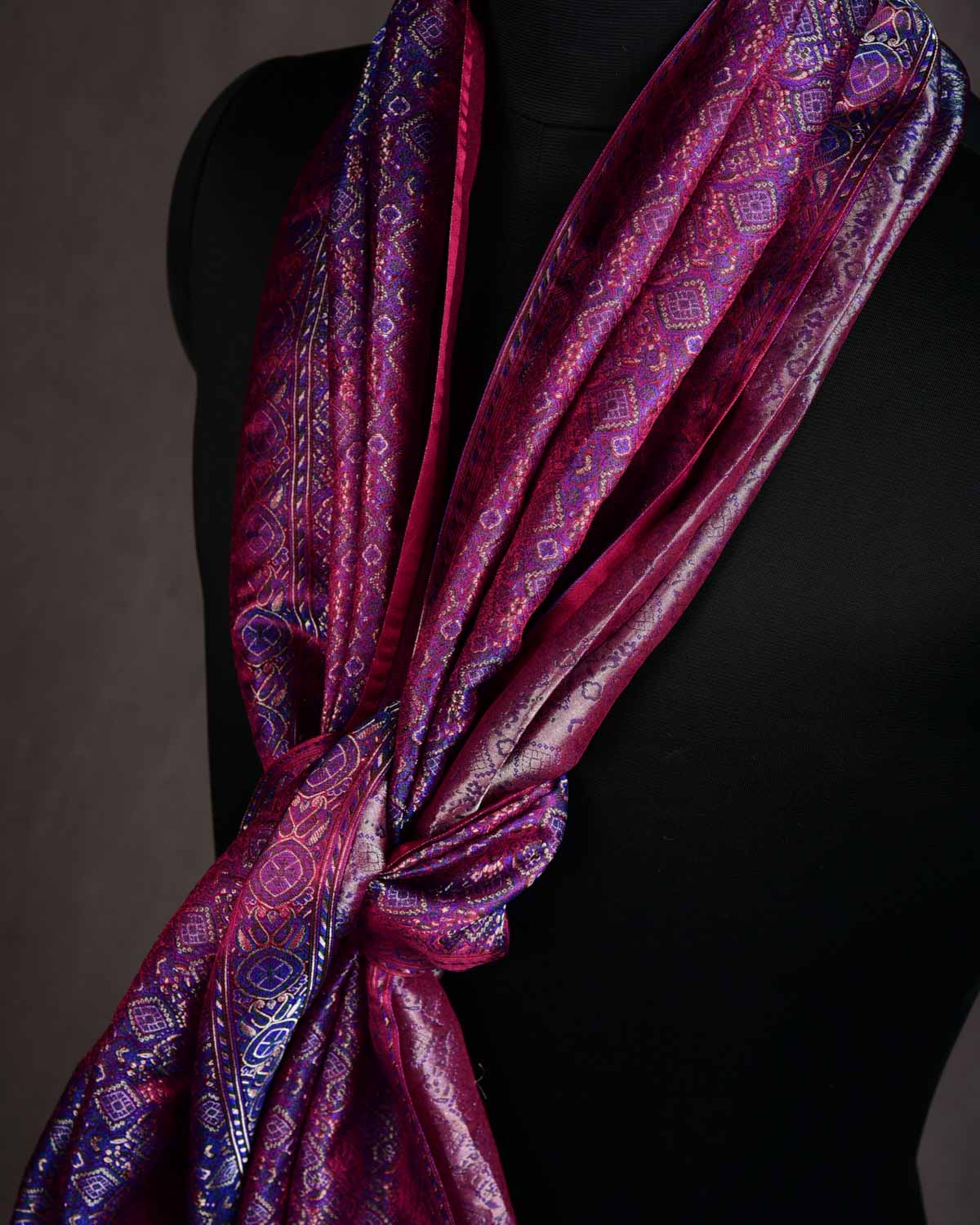 Shot Purple Maroon Ethnic Jamawar Handwoven Silk Unisex Scarf with Metallic Accents 80"x22"-HolyWeaves