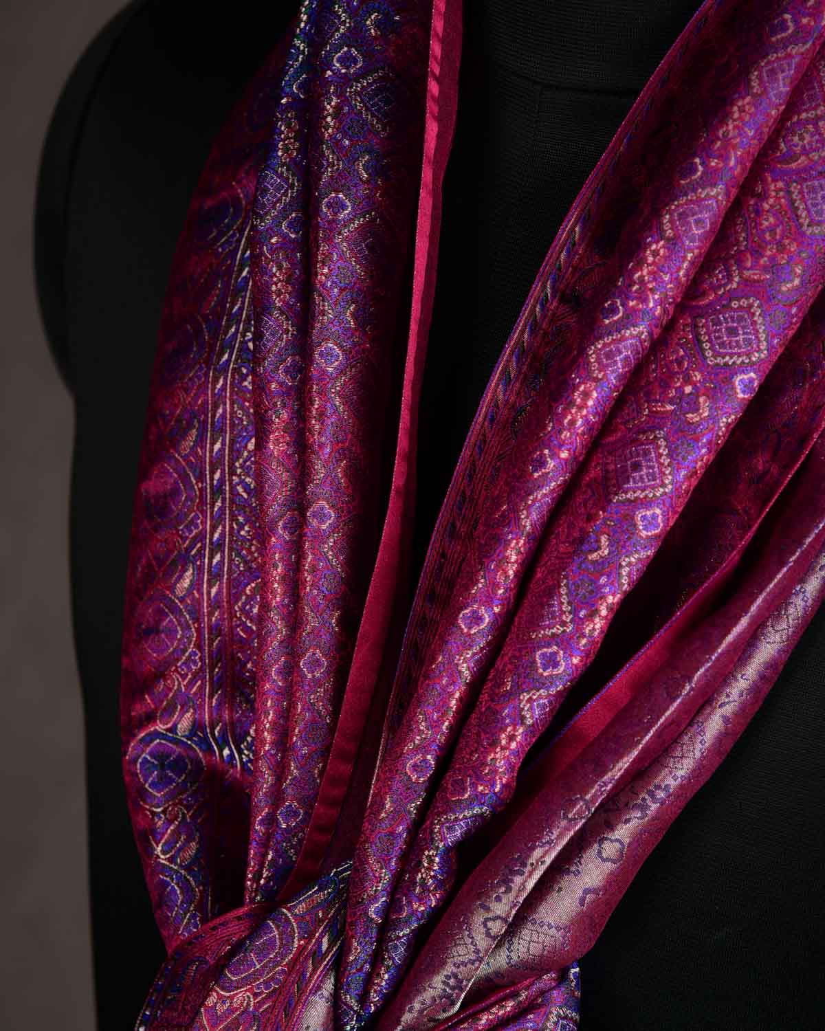 Shot Purple Maroon Ethnic Jamawar Handwoven Silk Unisex Scarf with Metallic Accents 80"x22"-HolyWeaves