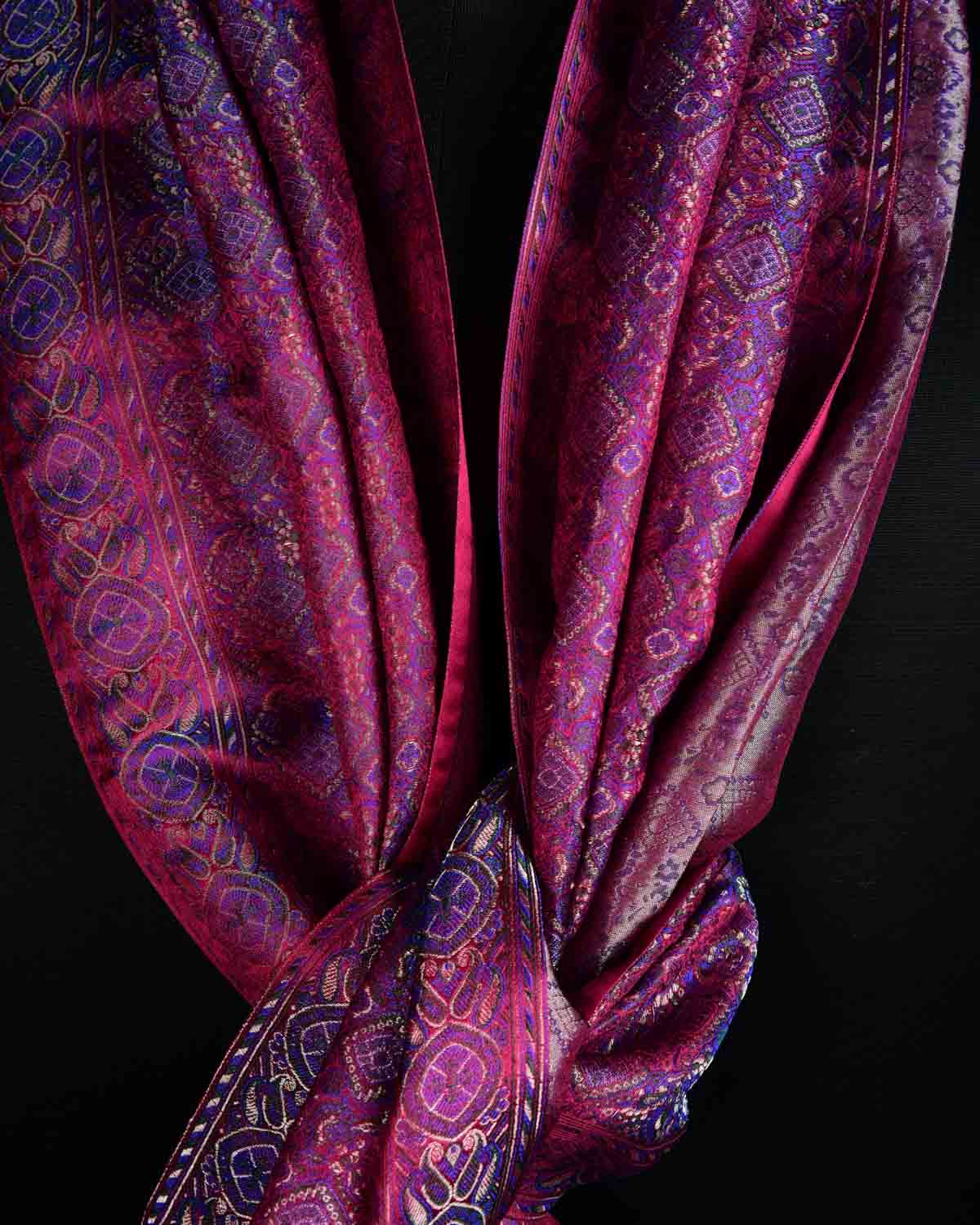 Shot Purple Maroon Ethnic Jamawar Handwoven Silk Unisex Scarf with Metallic Accents 80"x22"-HolyWeaves