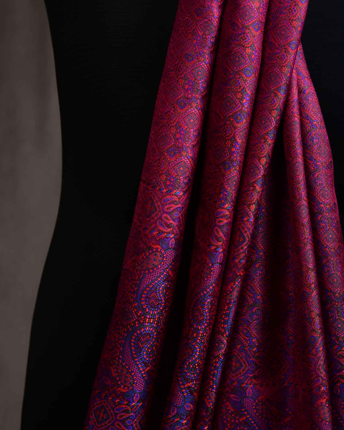 Purple Magenta Ethnic Jamawar Handwoven Silk Unisex Scarf with Metallic Accents 80"x22"-HolyWeaves