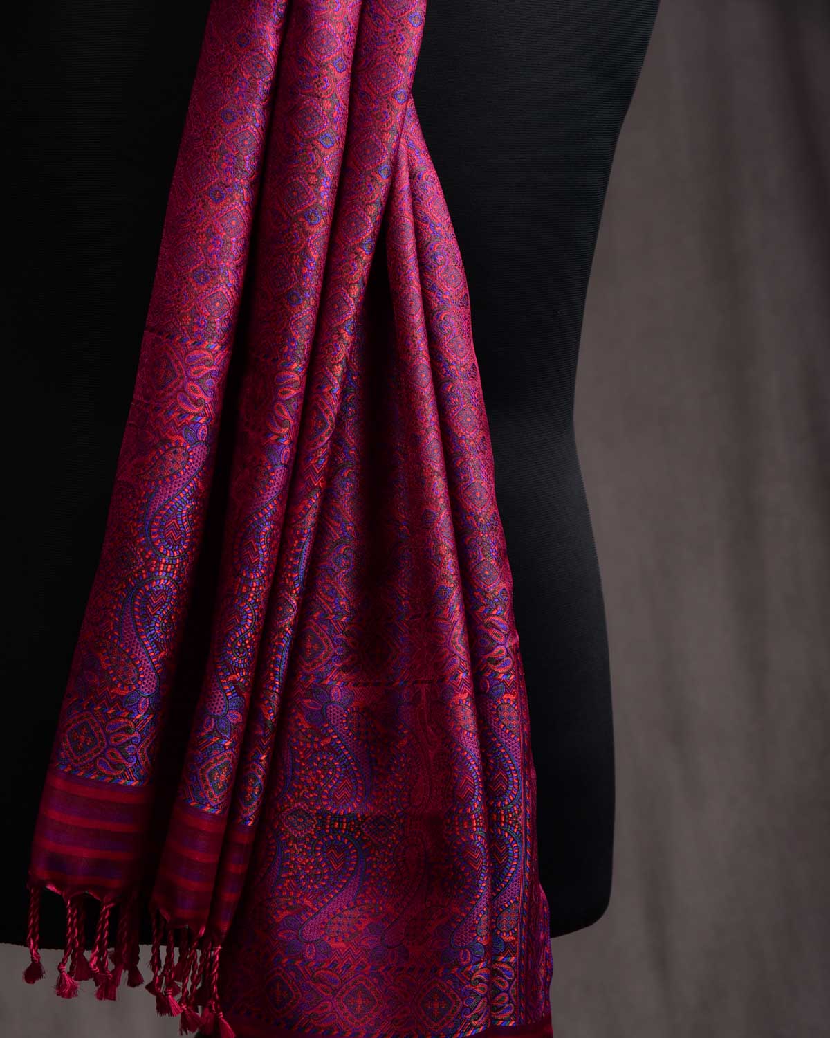 Purple Magenta Ethnic Jamawar Handwoven Silk Unisex Scarf with Metallic Accents 80"x22"-HolyWeaves