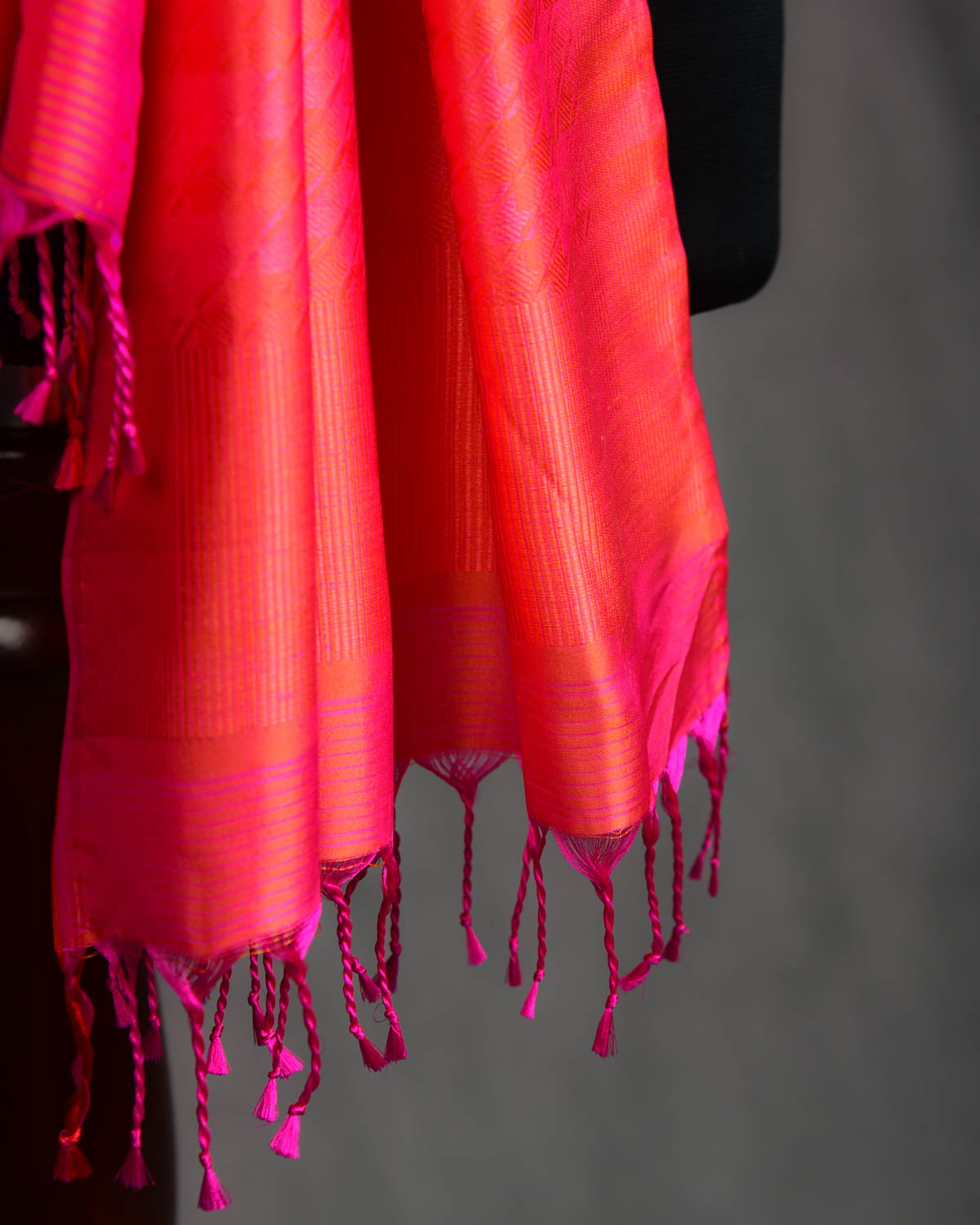 Shot Peach Houndstooth Tanchoi Handwoven Silk Unisex Scarf 80"x22"-HolyWeaves