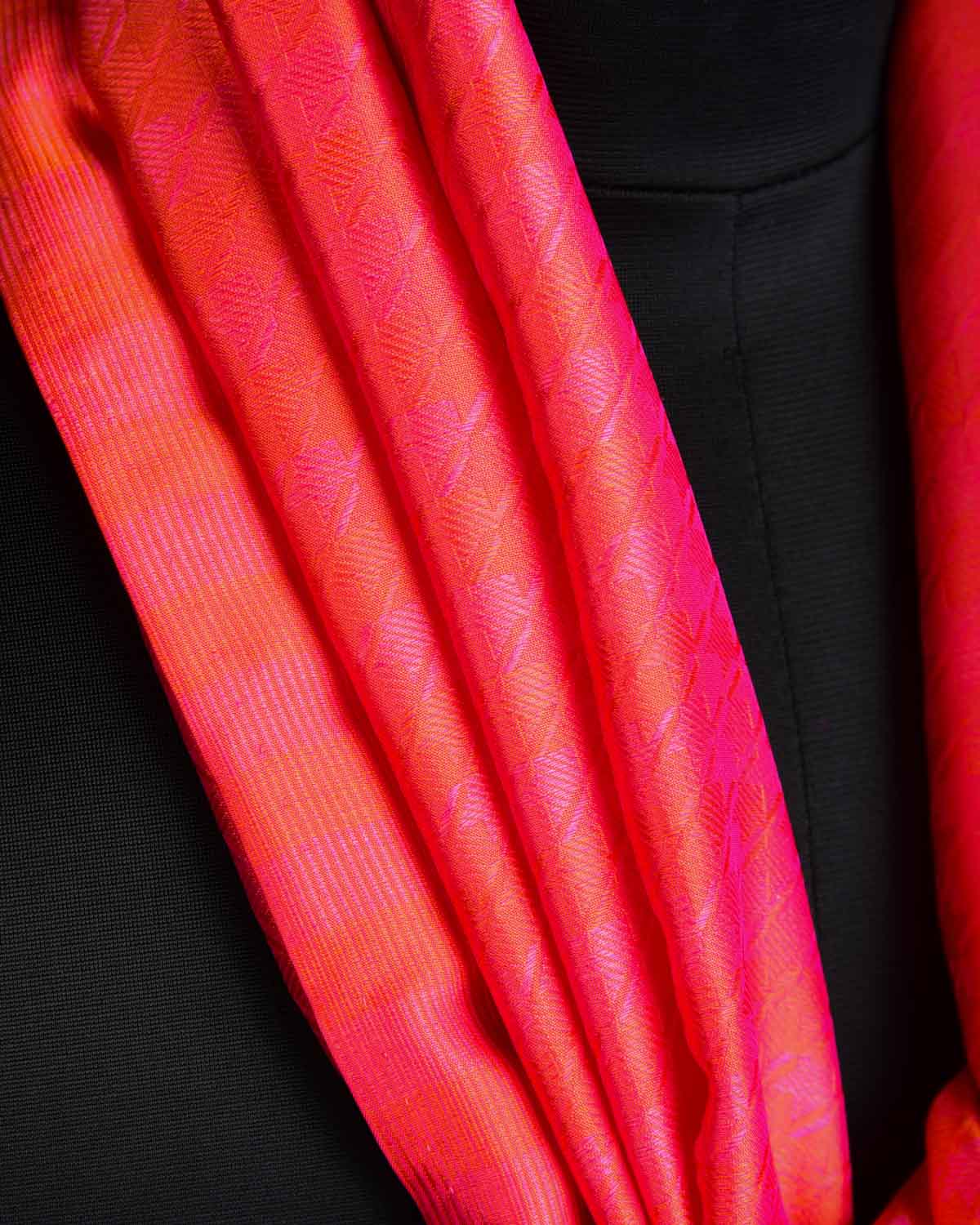 Shot Peach Houndstooth Tanchoi Handwoven Silk Unisex Scarf 80"x22"-HolyWeaves