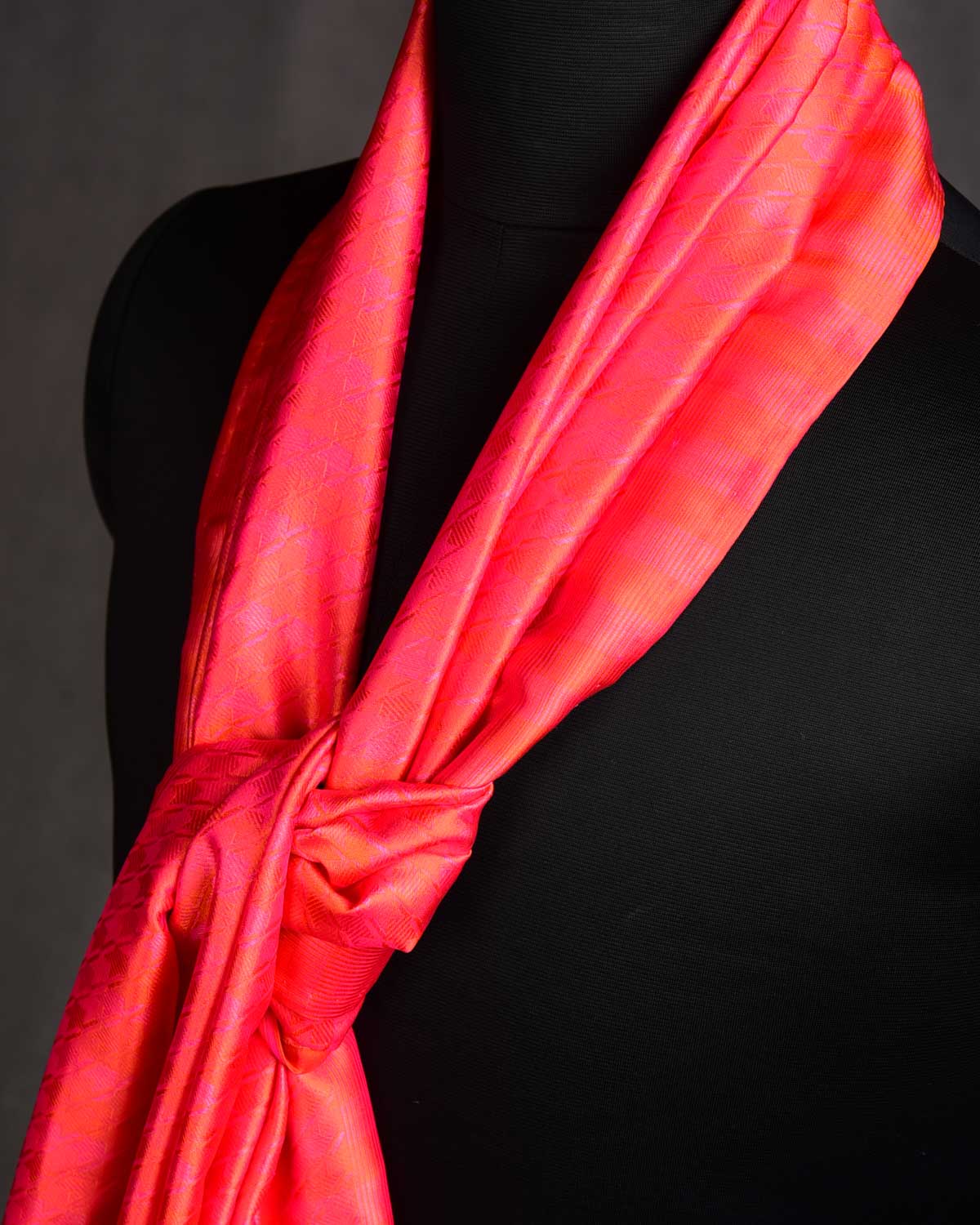 Shot Peach Houndstooth Tanchoi Handwoven Silk Unisex Scarf 80"x22"-HolyWeaves