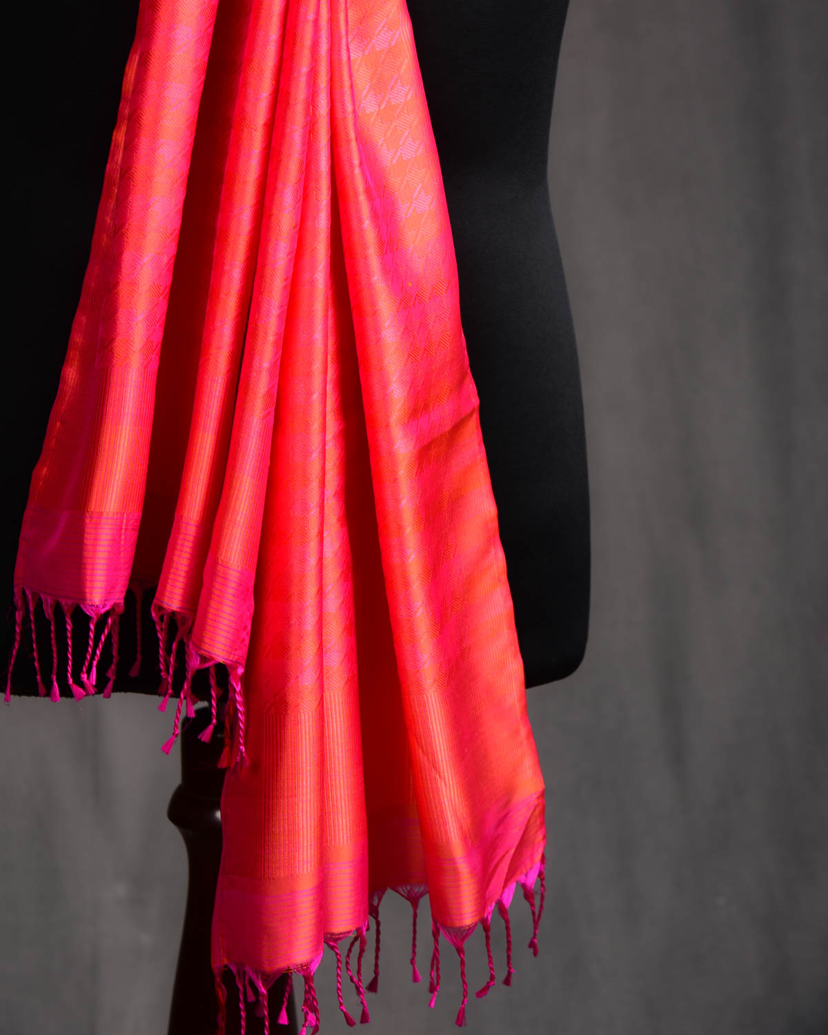 Shot Peach Houndstooth Tanchoi Handwoven Silk Unisex Scarf 80"x22"-HolyWeaves