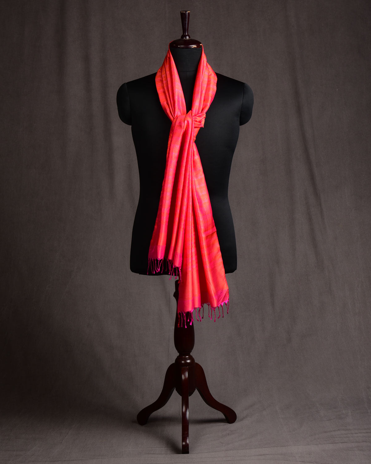 Shot Peach Houndstooth Tanchoi Handwoven Silk Unisex Scarf 80"x22"-HolyWeaves