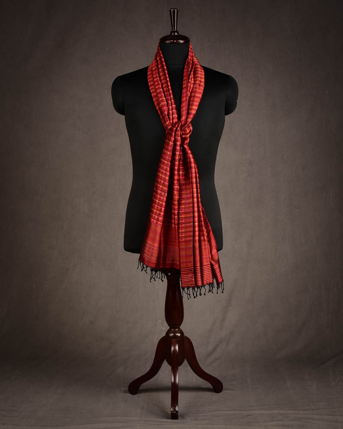 Variegated Maroon Houndstooth Tanchoi Handwoven Silk Unisex Scarf 80"x22"-HolyWeaves