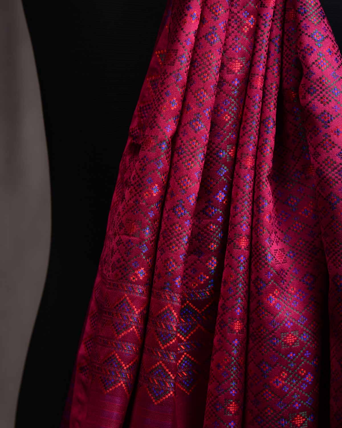 Magenta Dotted Jamawar Handwoven Silk Unisex Scarf 80"x22"-HolyWeaves