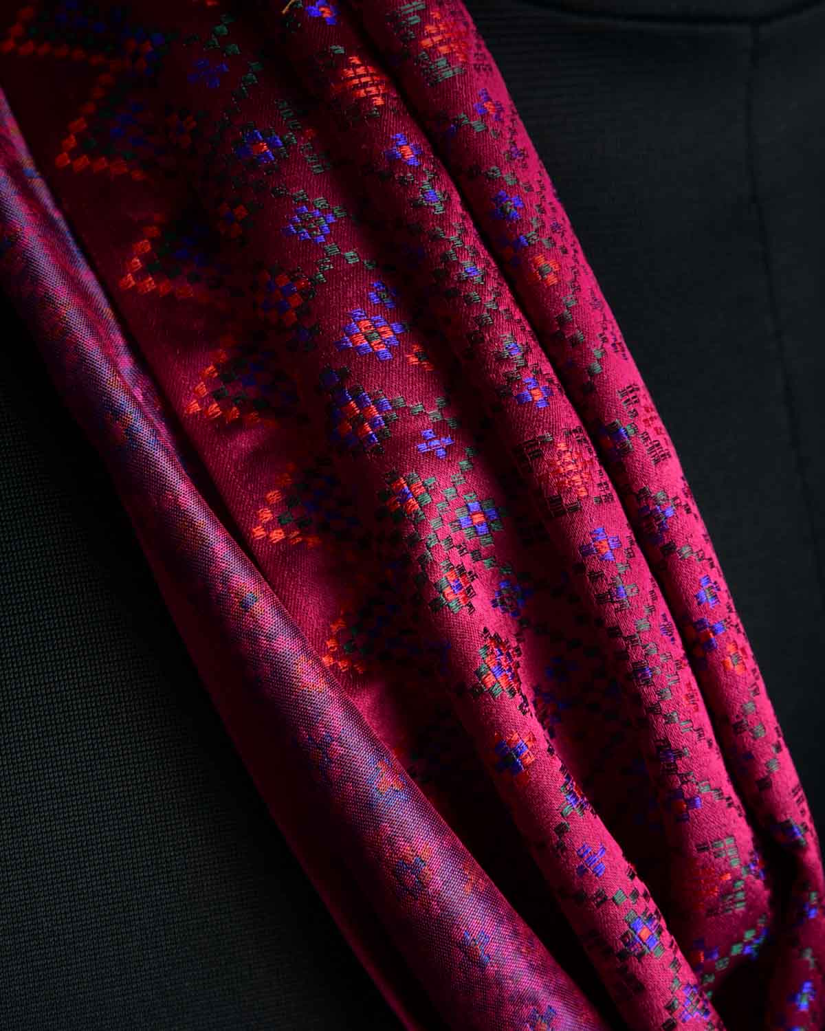 Magenta Dotted Jamawar Handwoven Silk Unisex Scarf 80"x22"-HolyWeaves