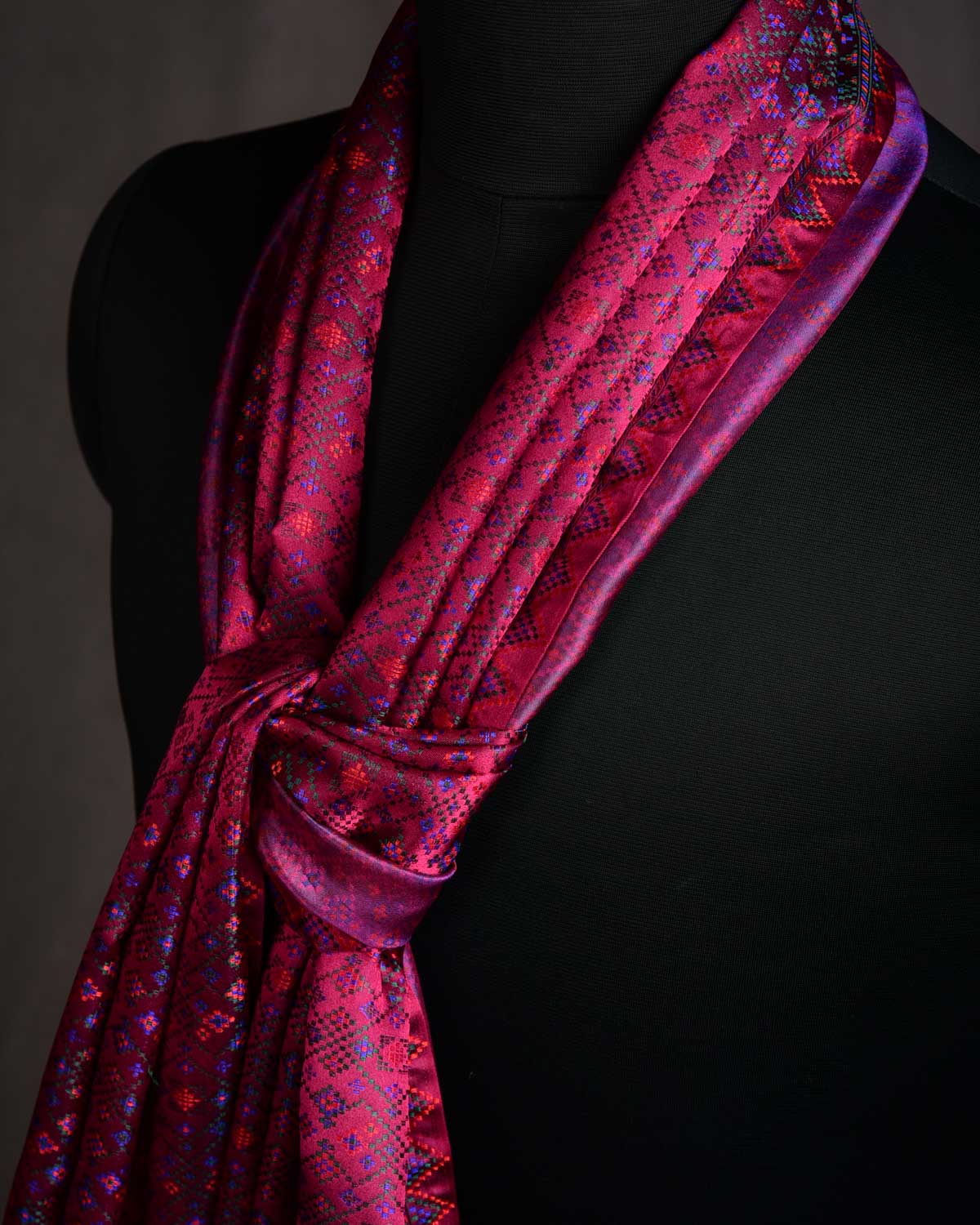 Magenta Dotted Jamawar Handwoven Silk Unisex Scarf 80"x22"-HolyWeaves