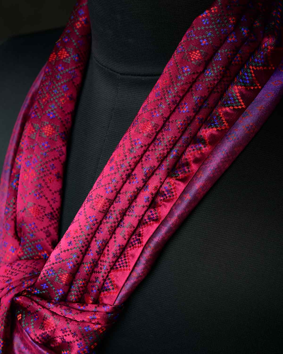 Magenta Dotted Jamawar Handwoven Silk Unisex Scarf 80"x22"-HolyWeaves